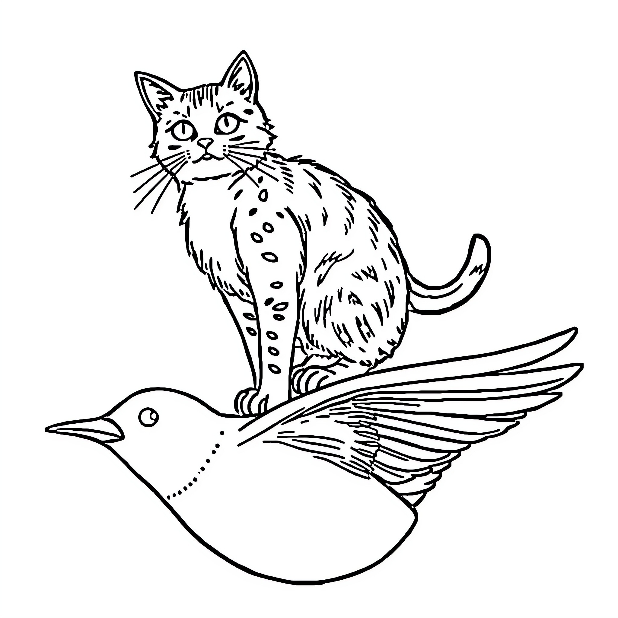 Cat sitting on a bird Coloring Page (free black-and-white line drawing printable PDF for all, from beginners to advanced learners, including children, teens, adults, and seniors)