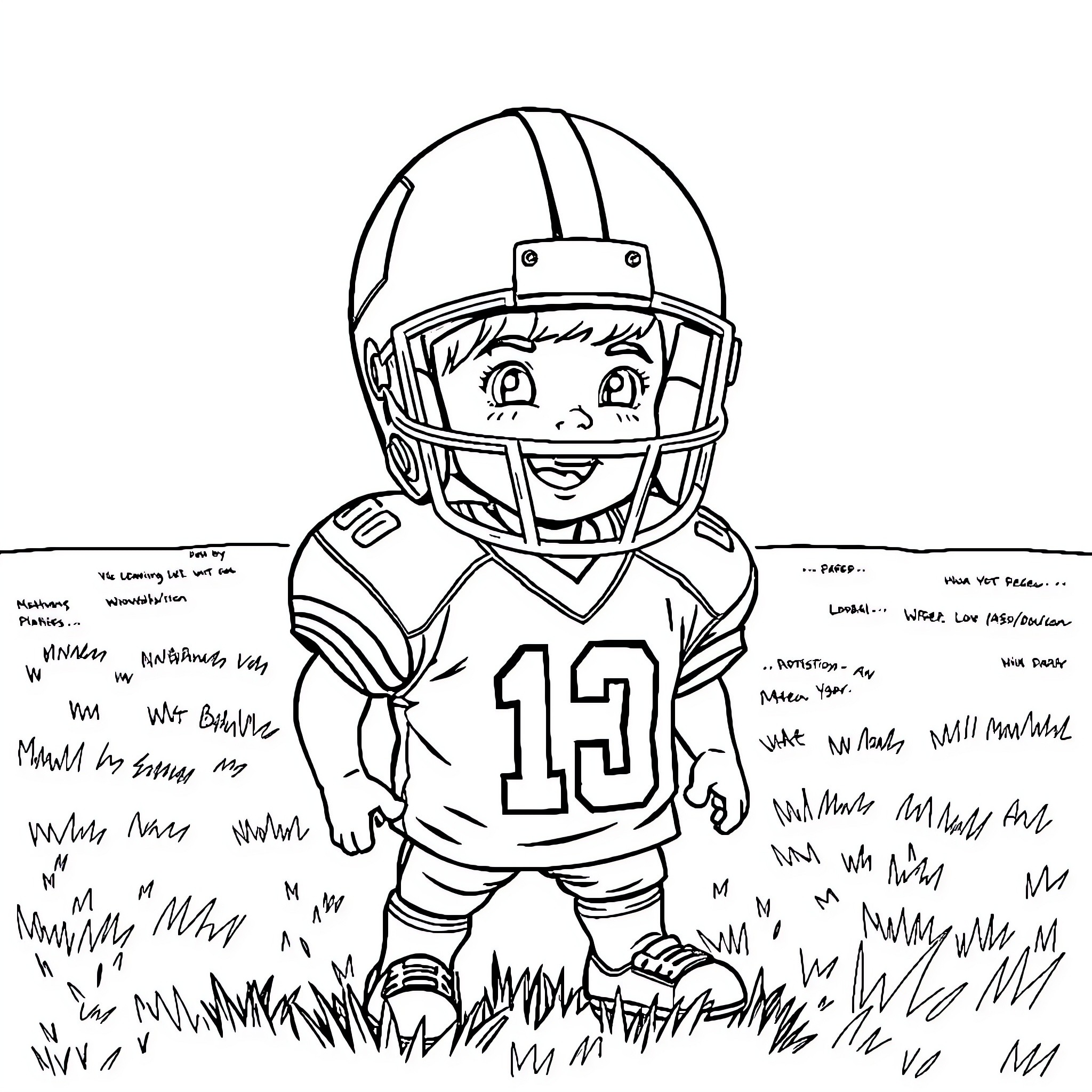 Boy in football uniform playing on the field Coloring Page (free black-and-white line drawing printable PDF for all, from beginners to advanced learners, including children, teens, adults, and seniors)
