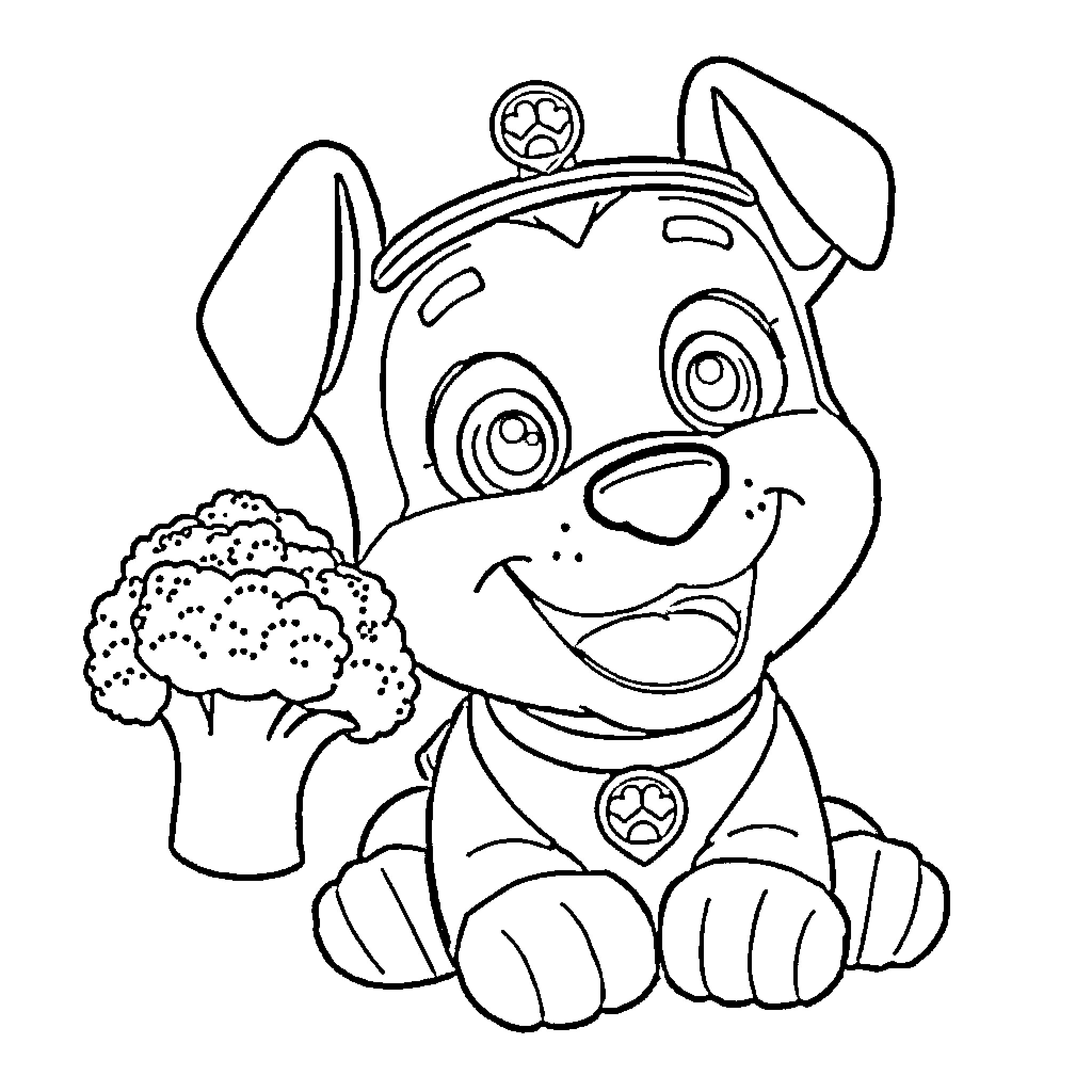 Rubble the puppy with flower Coloring Page (free black-and-white line drawing printable PDF for all, from beginners to advanced learners, including children, teens, adults, and seniors)