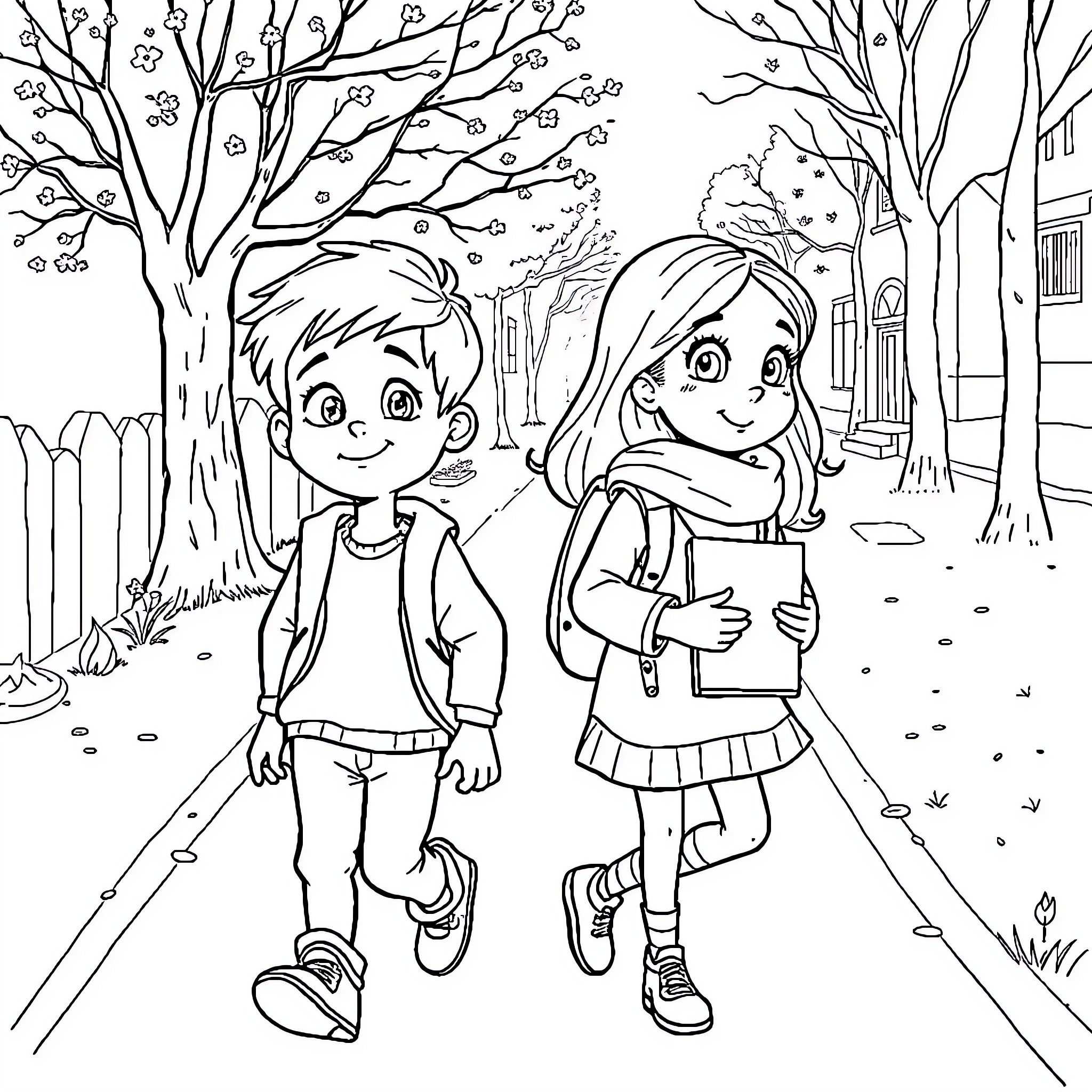 Enfant Walking to School Together Coloring Page (free black-and-white line drawing printable PDF for all, from beginners to advanced learners, including children, teens, adults, and seniors)