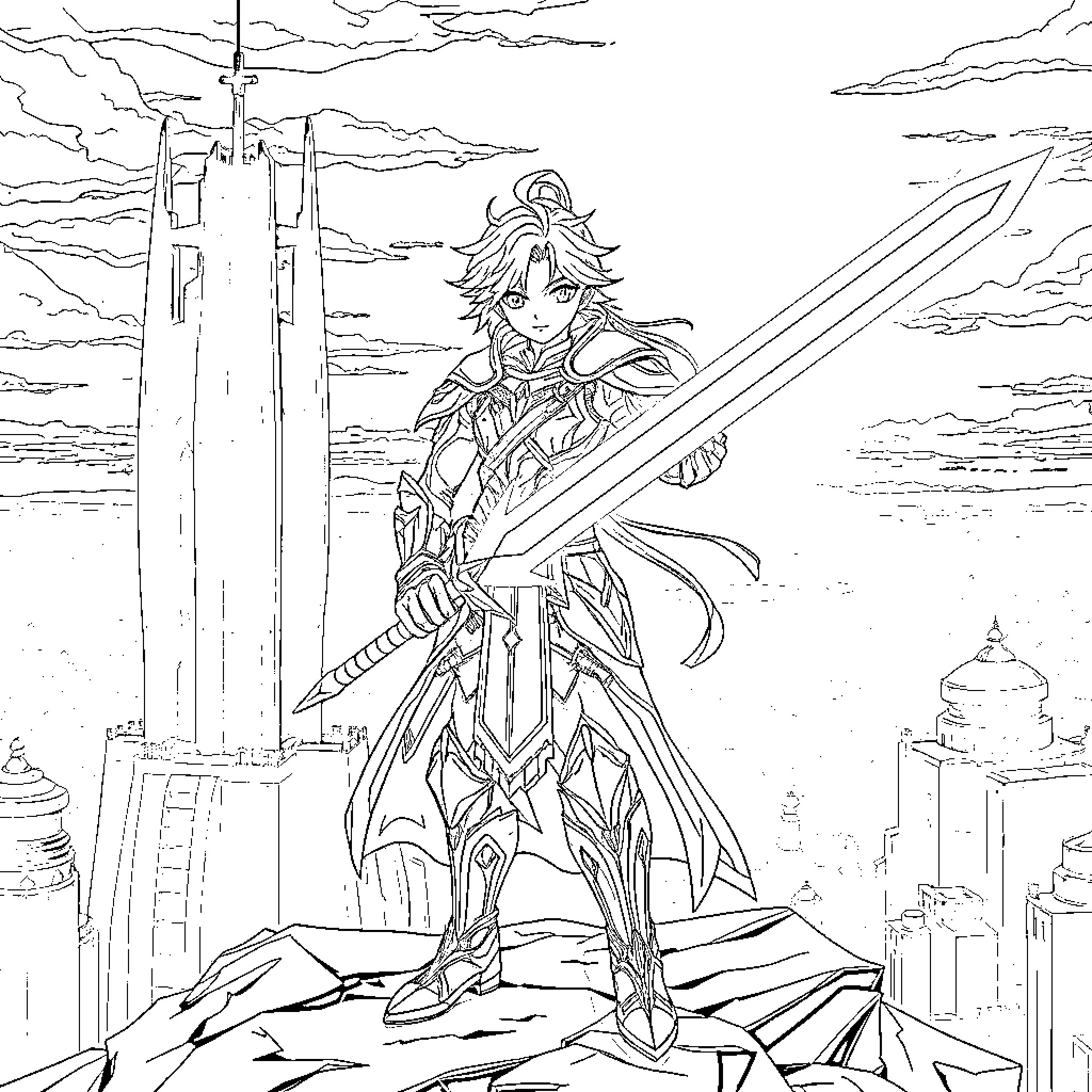 Warrior's Triumphant Stance in Fantastical Realm Coloring Page (free black-and-white line drawing printable PDF for all, from beginners to advanced learners, including children, teens, adults, and seniors)