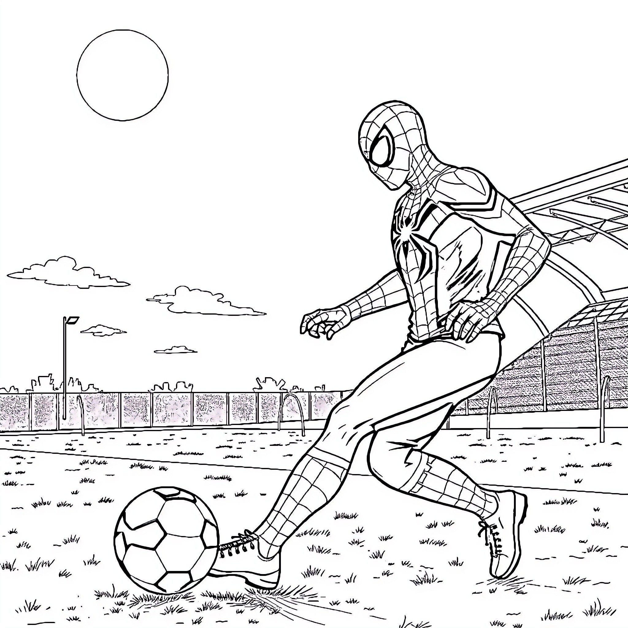Spiderman playing soccer on the field Coloring Page (free black-and-white line drawing printable PDF for all, from beginners to advanced learners, including children, teens, adults, and seniors)