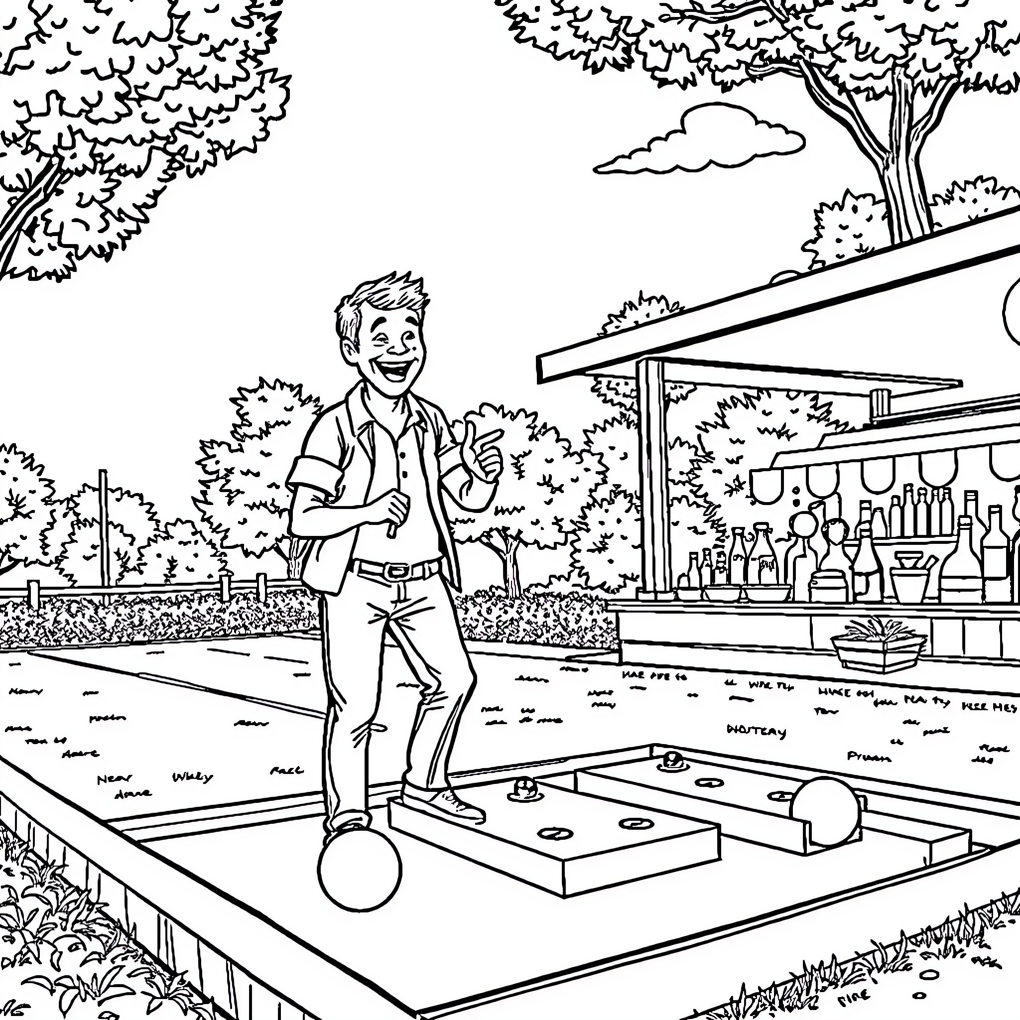 Barman working at an outdoor bar in a park Coloring Page (free black-and-white line drawing printable PDF for all, from beginners to advanced learners, including children, teens, adults, and seniors)