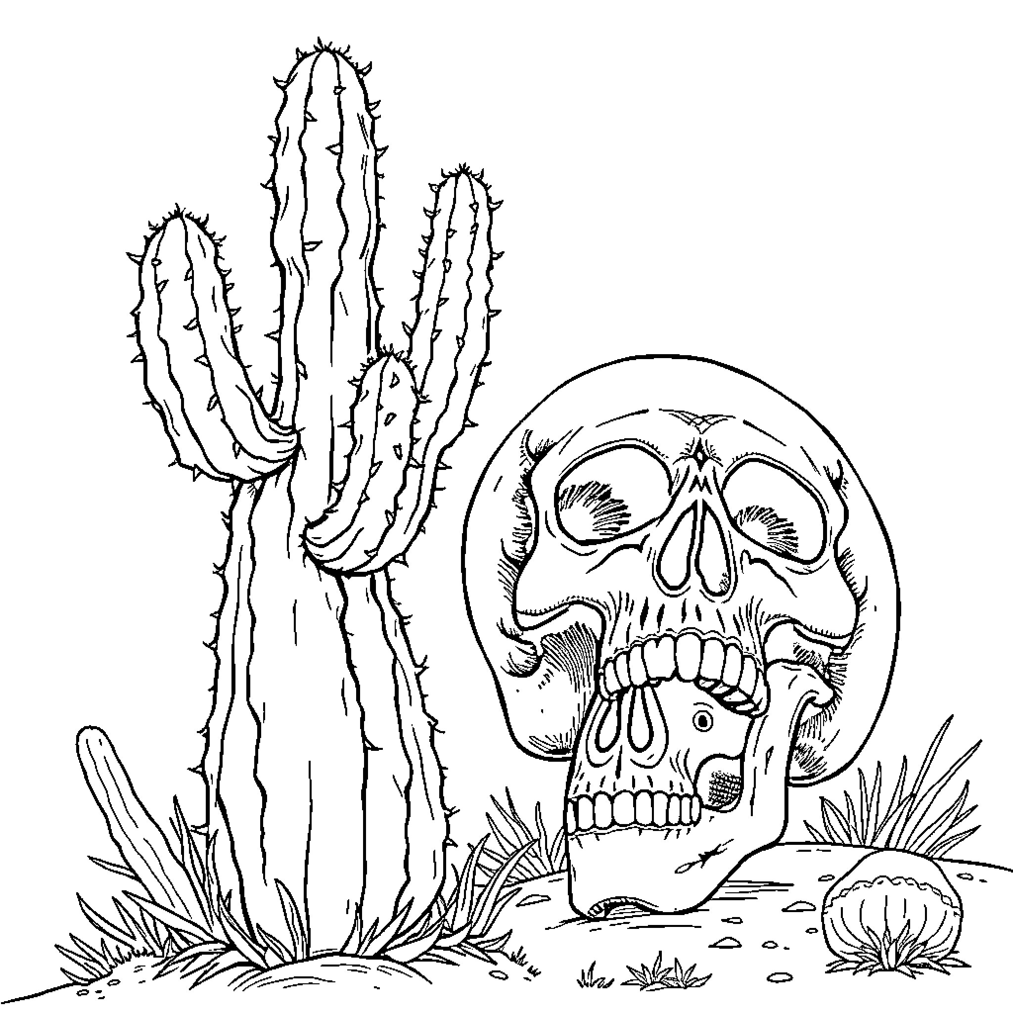 Cactus with skull in the desert landscape Coloring Page (free black-and-white line drawing printable PDF for all, from beginners to advanced learners, including children, teens, adults, and seniors)