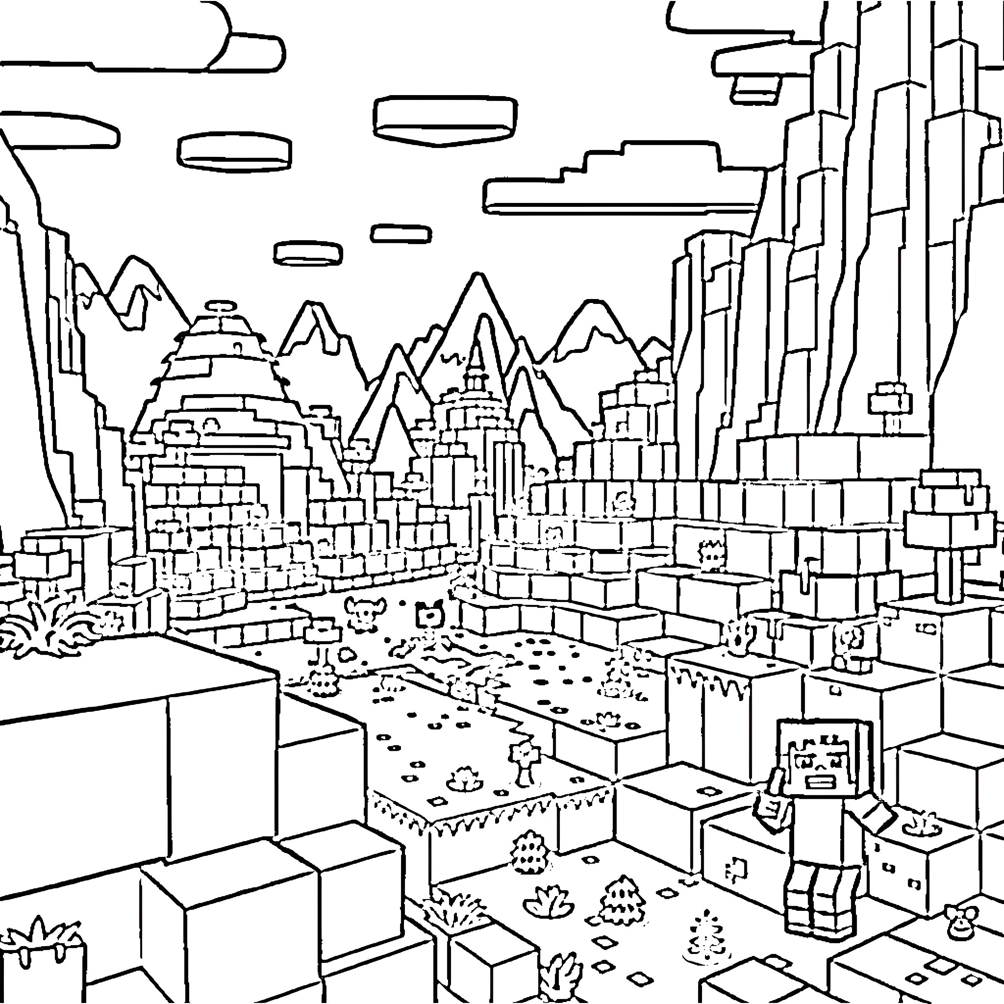 Minecraft Landscape with Blocky Mountains and Buildings Coloring Page (free black-and-white line drawing printable PDF for all, from beginners to advanced learners, including children, teens, adults, and seniors)