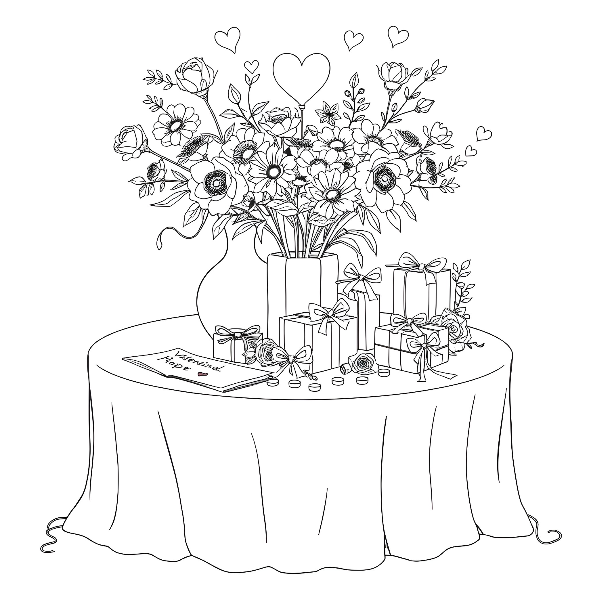 Flower Bouquet and Gifts on Table Coloring Page (free black-and-white line drawing printable PDF for all, from beginners to advanced learners, including children, teens, adults, and seniors)