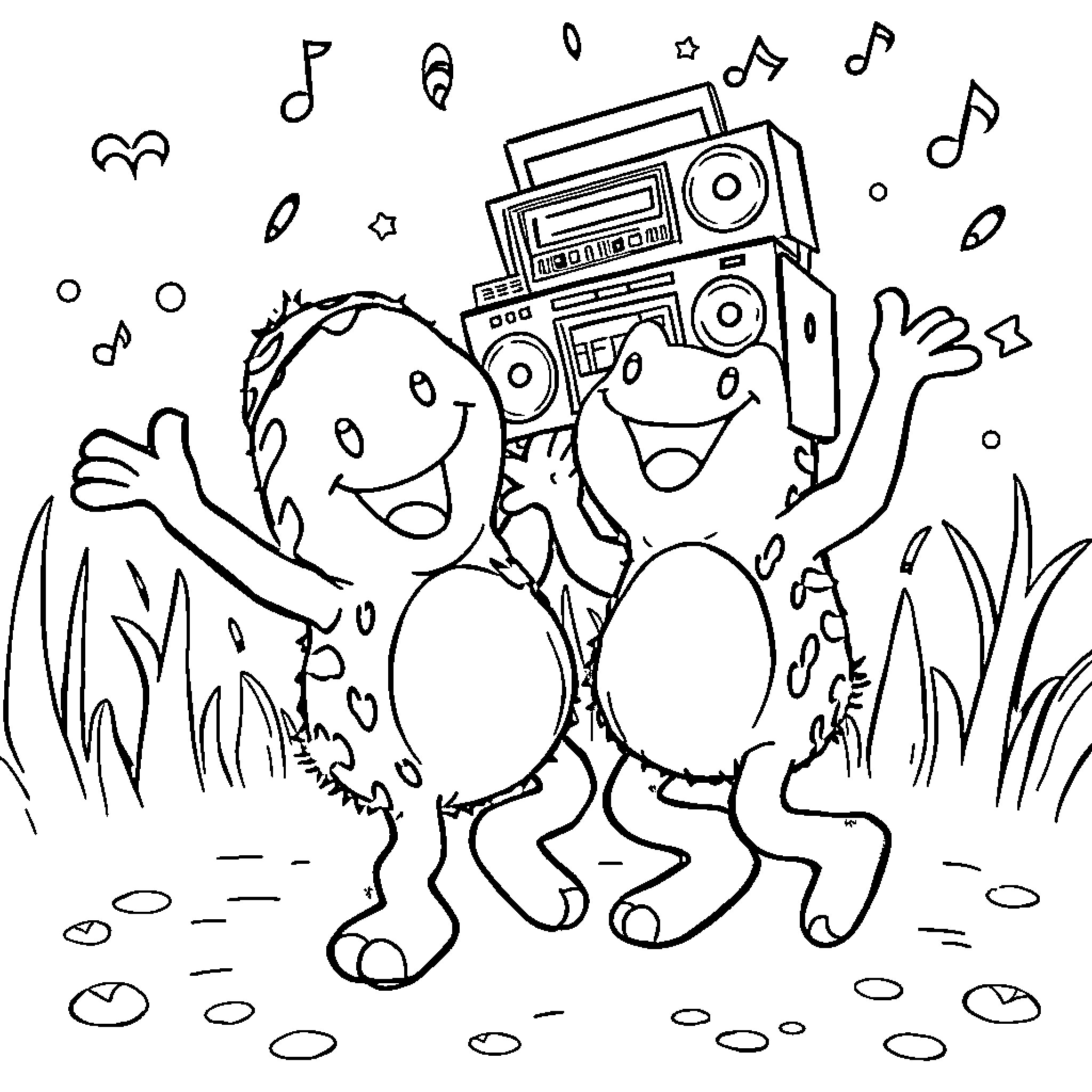 Grizzy dancing with music player in nature Coloring Page (free black-and-white line drawing printable PDF for all, from beginners to advanced learners, including children, teens, adults, and seniors)