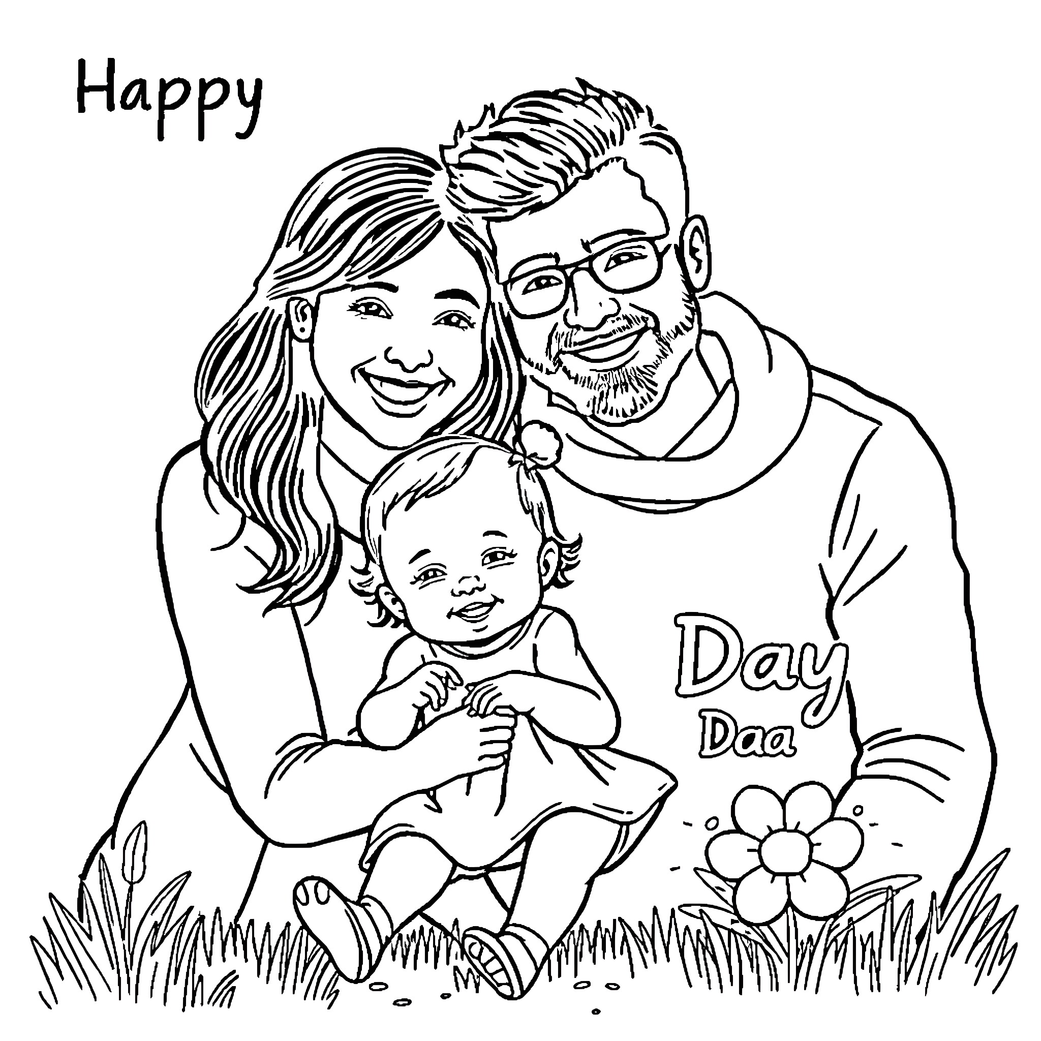 Father's Day family portrait in nature Coloring Page (free black-and-white line drawing printable PDF for all, from beginners to advanced learners, including children, teens, adults, and seniors)