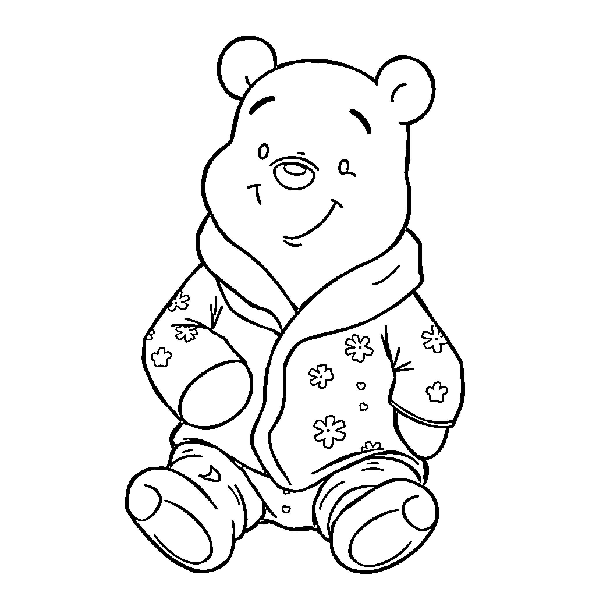 Pooh Bear in Floral Pajamas Coloring Page (free black-and-white line drawing printable PDF for all, from beginners to advanced learners, including children, teens, adults, and seniors)
