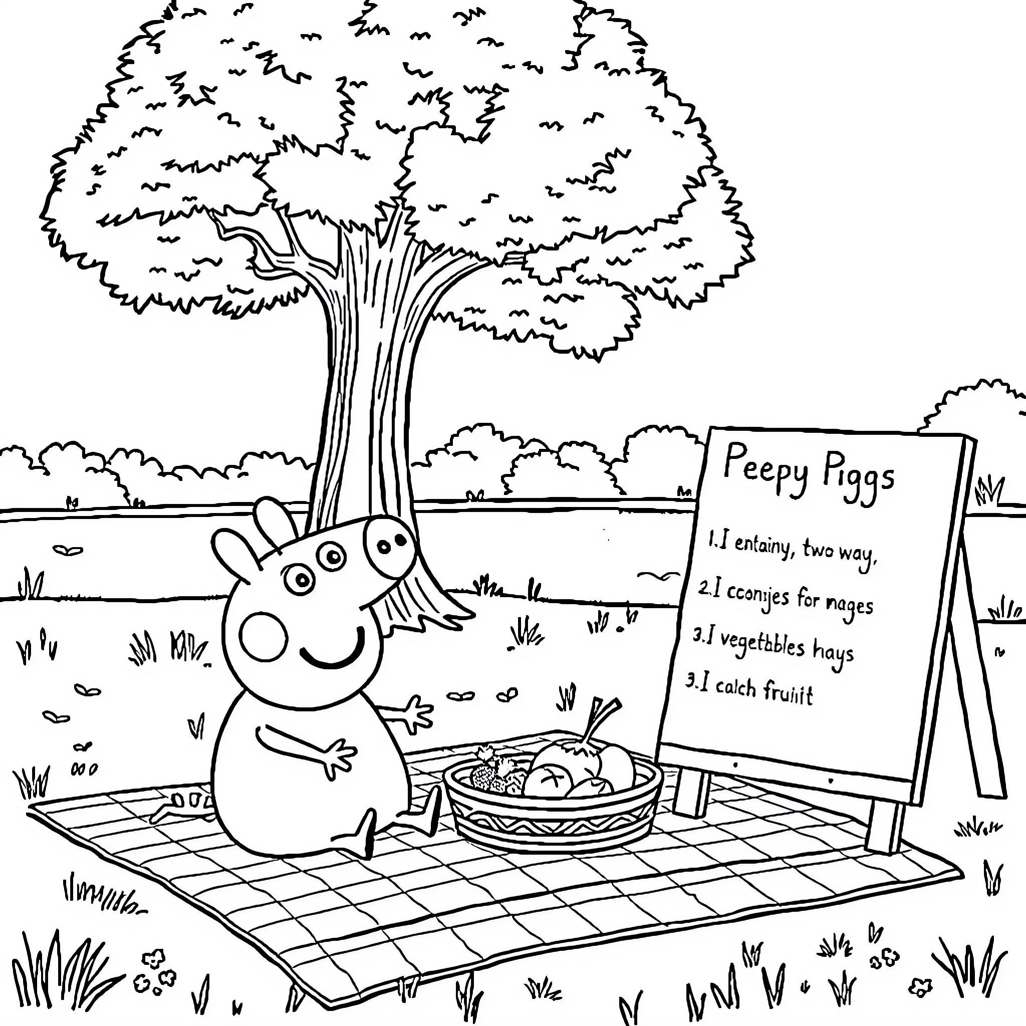 Peppa Pig enjoys a picnic in the park Coloring Page (free black-and-white line drawing printable PDF for all, from beginners to advanced learners, including children, teens, adults, and seniors)