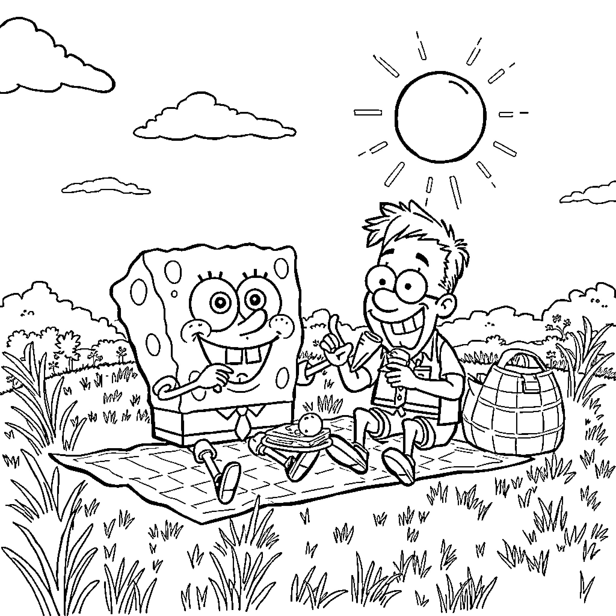 Spongebob and friend enjoying a sunny picnic outdoors Coloring Page (free black-and-white line drawing printable PDF for all, from beginners to advanced learners, including children, teens, adults, and seniors)