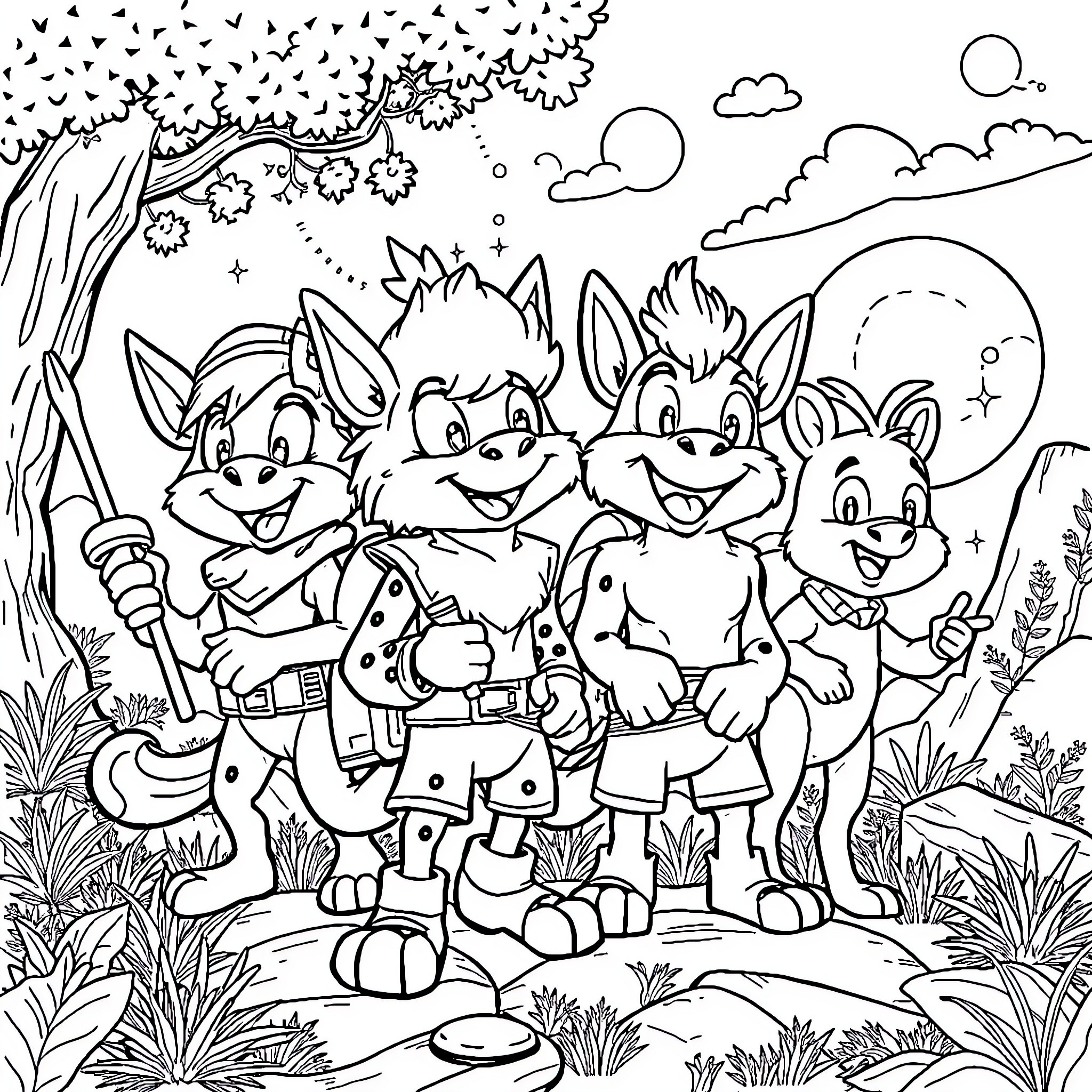Spydey's Adventurous Escapades with Friendly Critters Coloring Page (free black-and-white line drawing printable PDF for all, from beginners to advanced learners, including children, teens, adults, and seniors)