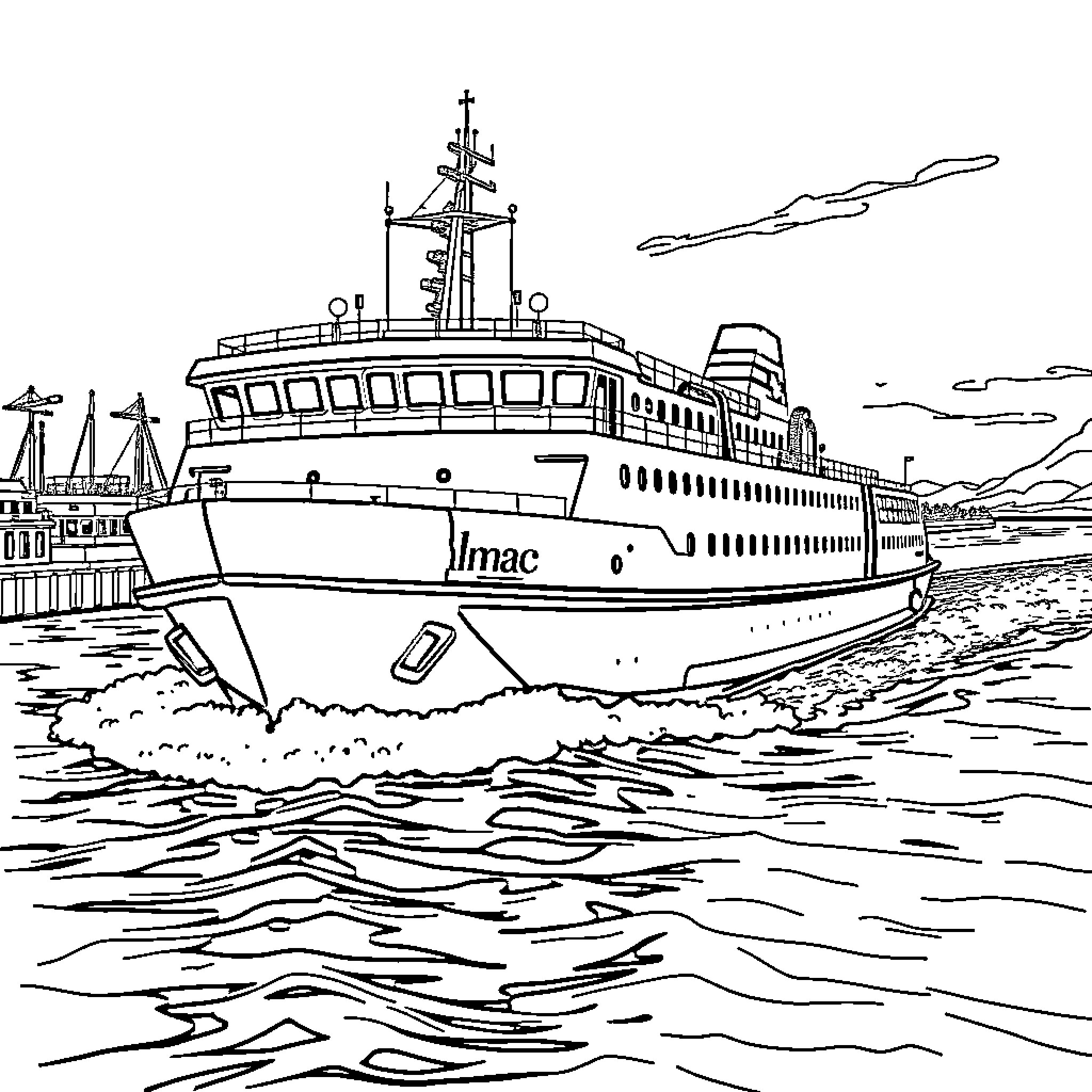 Ferry sailing across open waters Coloring Page (free black-and-white line drawing printable PDF for all, from beginners to advanced learners, including children, teens, adults, and seniors)
