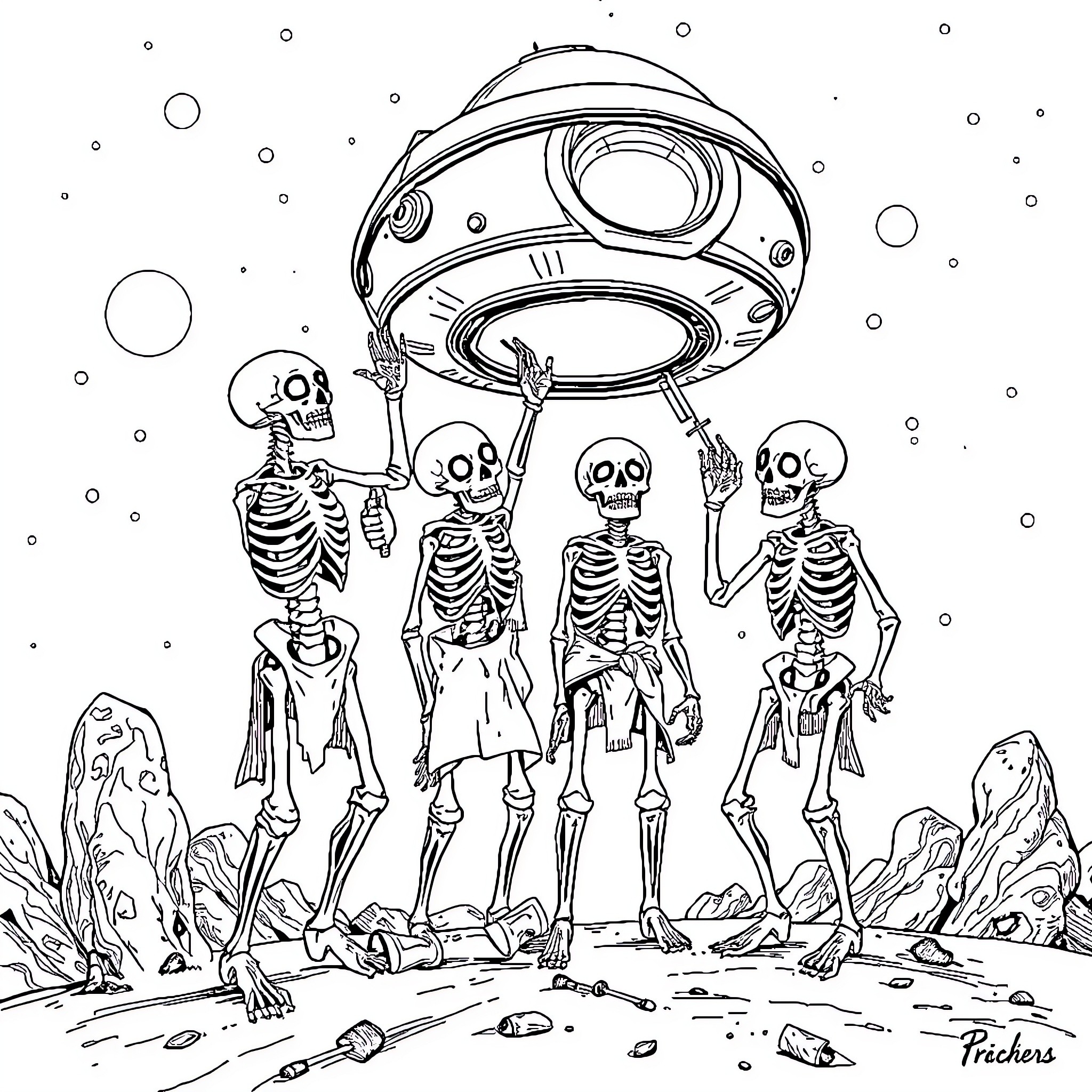 Skeleton Aliens Abducting Skeletons from Barren Planet Coloring Page (free black-and-white line drawing printable PDF for all, from beginners to advanced learners, including children, teens, adults, and seniors)