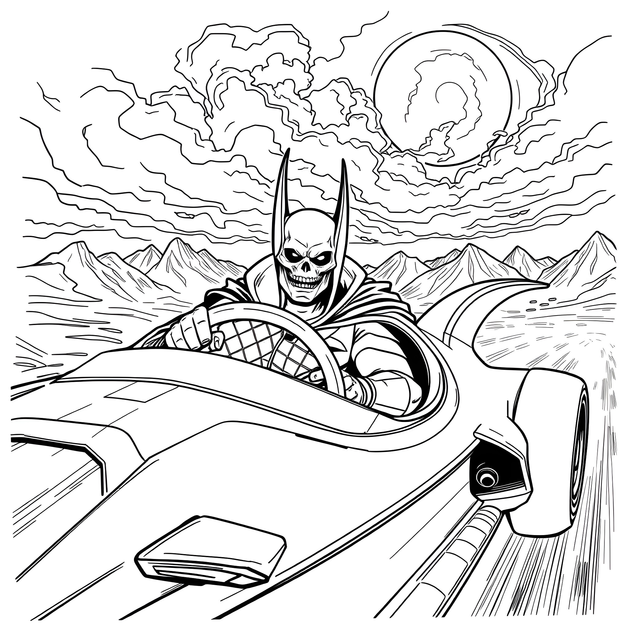 Skeletor racing through the cosmic landscape Coloring Page (free black-and-white line drawing printable PDF for all, from beginners to advanced learners, including children, teens, adults, and seniors)