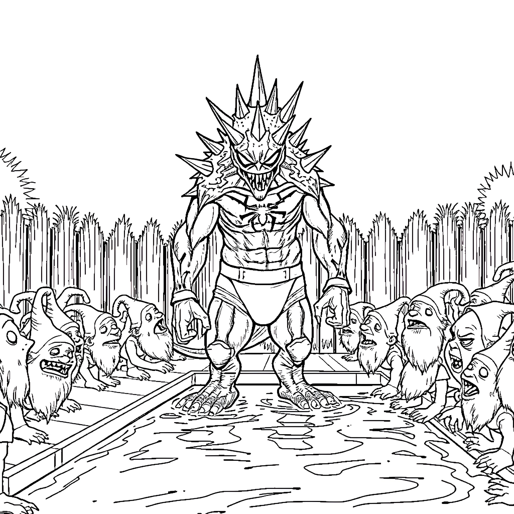 Monster commanding a legion of grotesque creatures Coloring Page (free black-and-white line drawing printable PDF for all, from beginners to advanced learners, including children, teens, adults, and seniors)