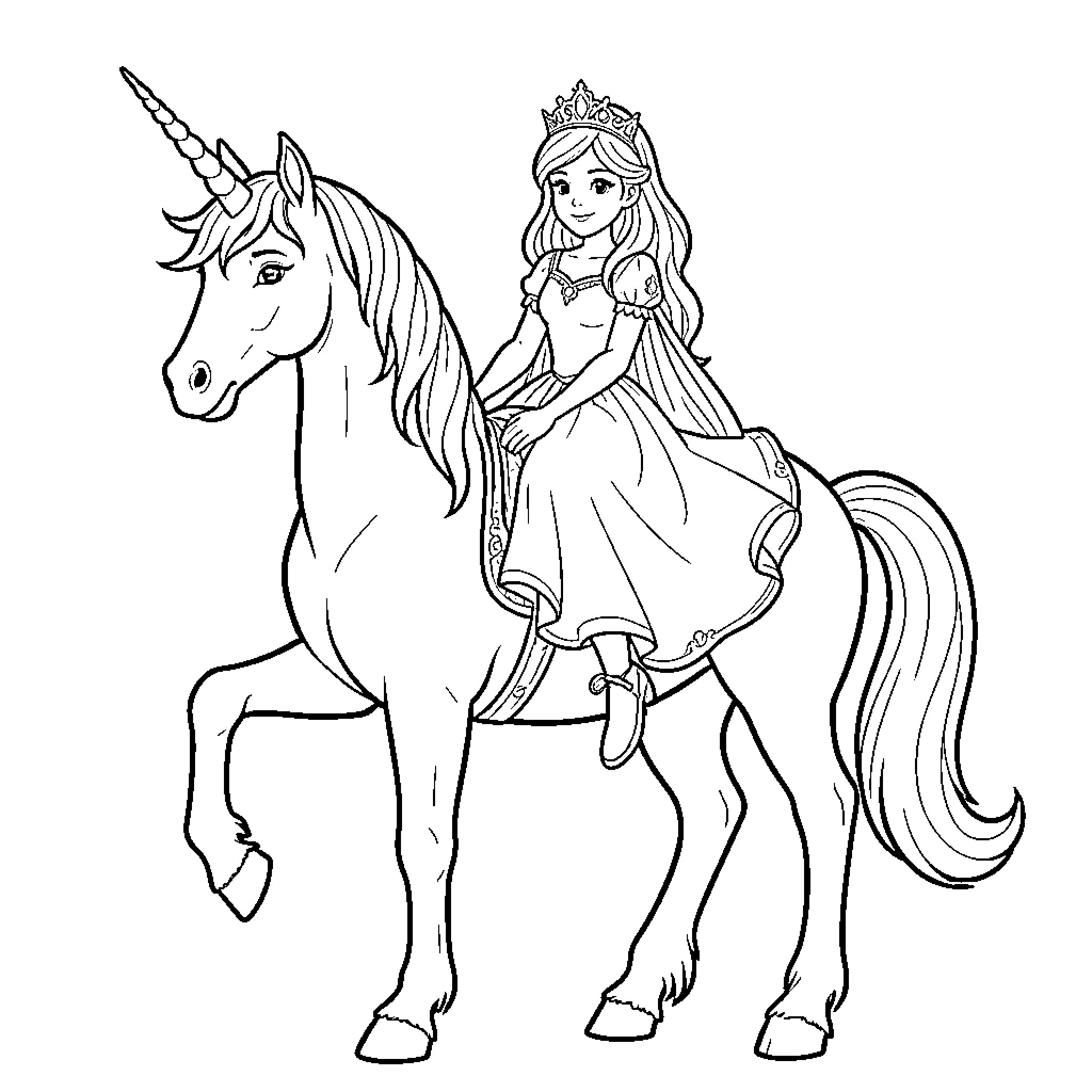 Unicorn being ridden by a smiling princess Coloring Page (free black-and-white line drawing printable PDF for all, from beginners to advanced learners, including children, teens, adults, and seniors)