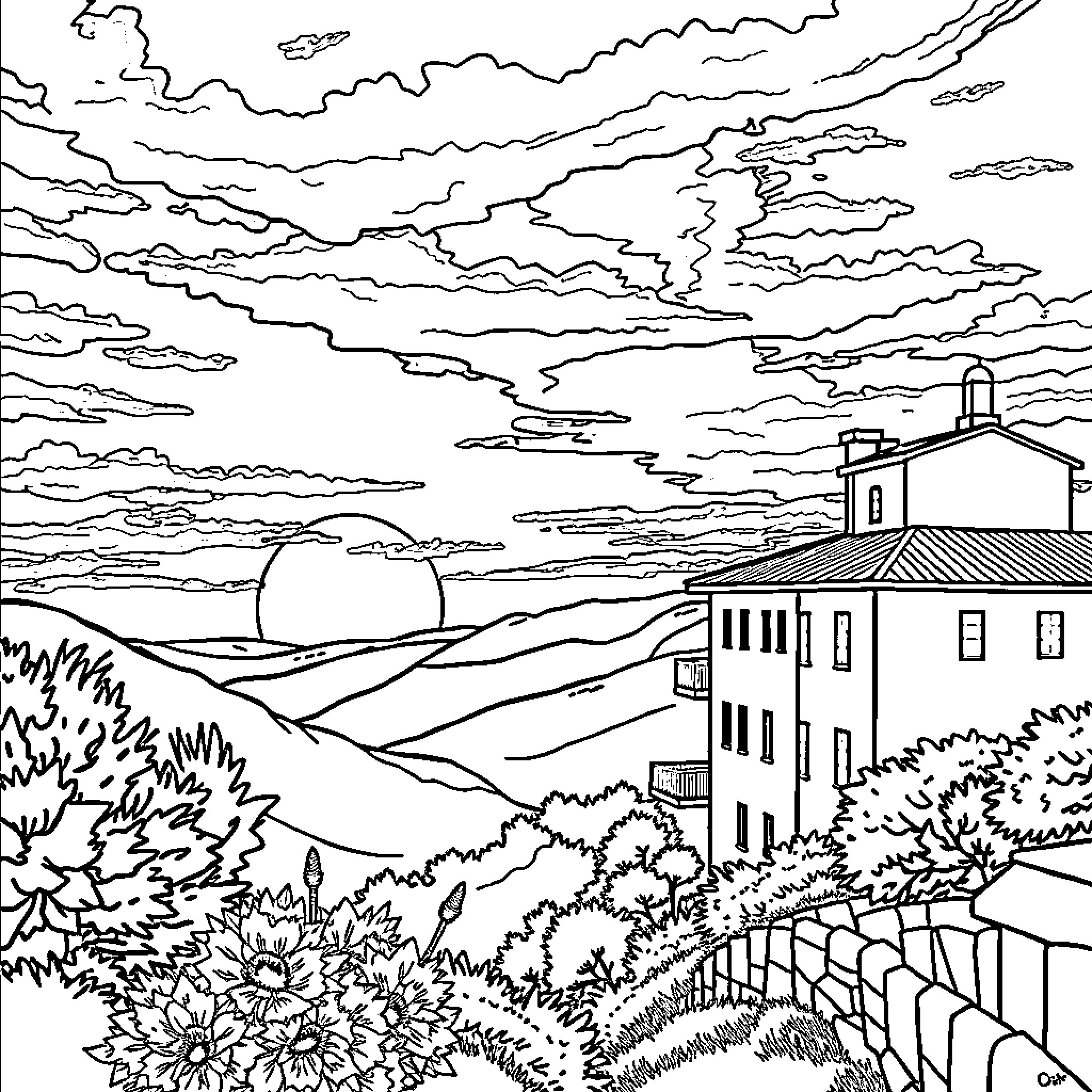 Sunset over the countryside landscape Coloring Page (free black-and-white line drawing printable PDF for all, from beginners to advanced learners, including children, teens, adults, and seniors)