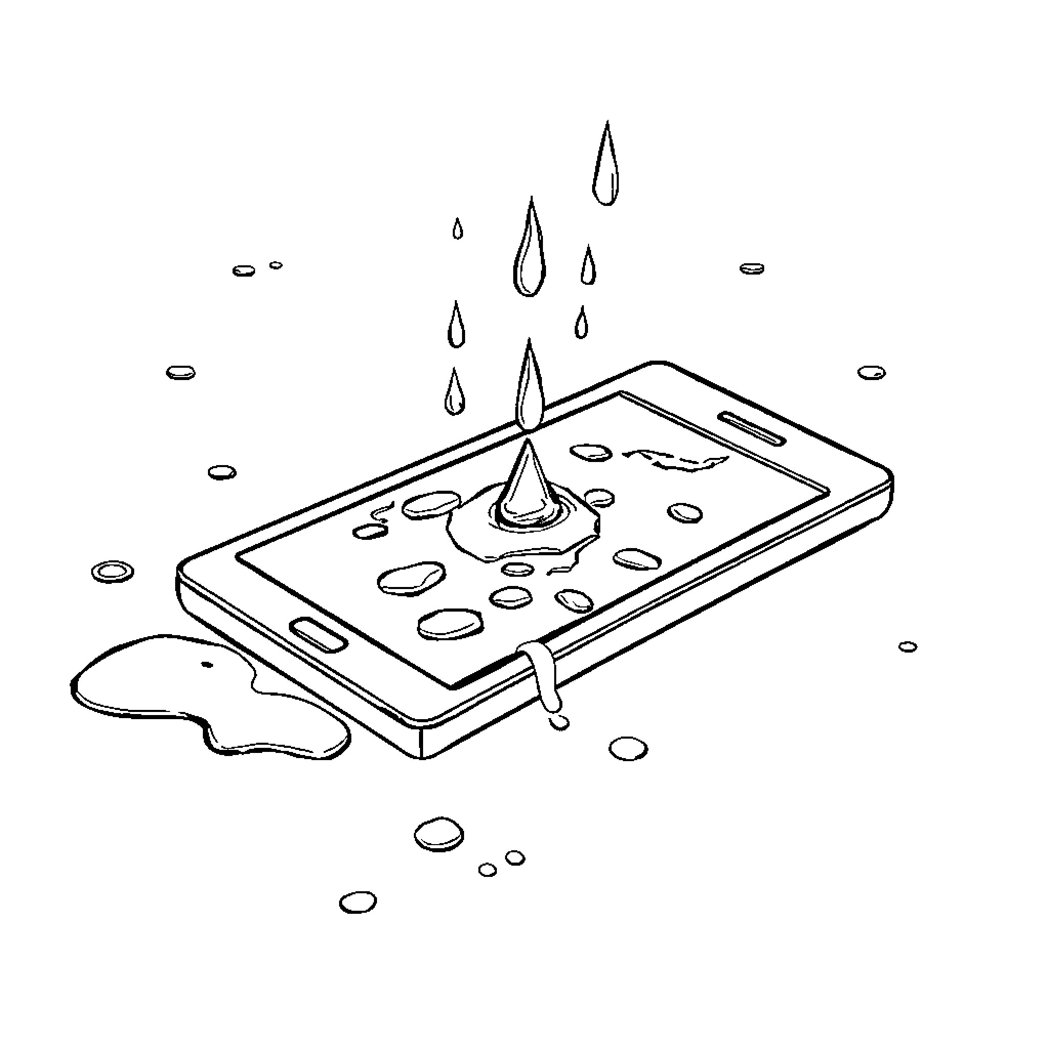 Phone Splashed with Raindrops Coloring Page (free black-and-white line drawing printable PDF for all, from beginners to advanced learners, including children, teens, adults, and seniors)