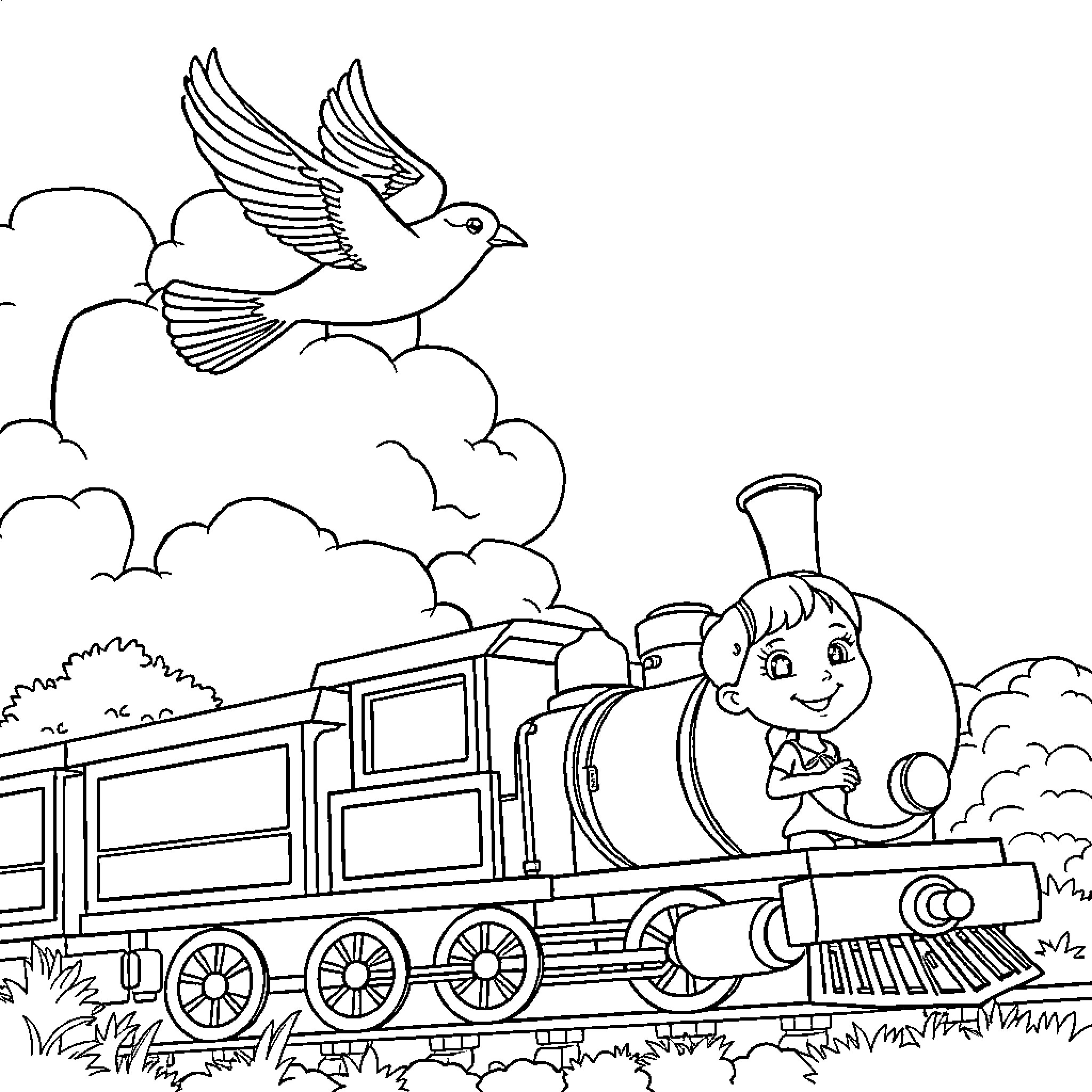 Bird flying above a child riding a locomotive Coloring Page (free black-and-white line drawing printable PDF for all, from beginners to advanced learners, including children, teens, adults, and seniors)
