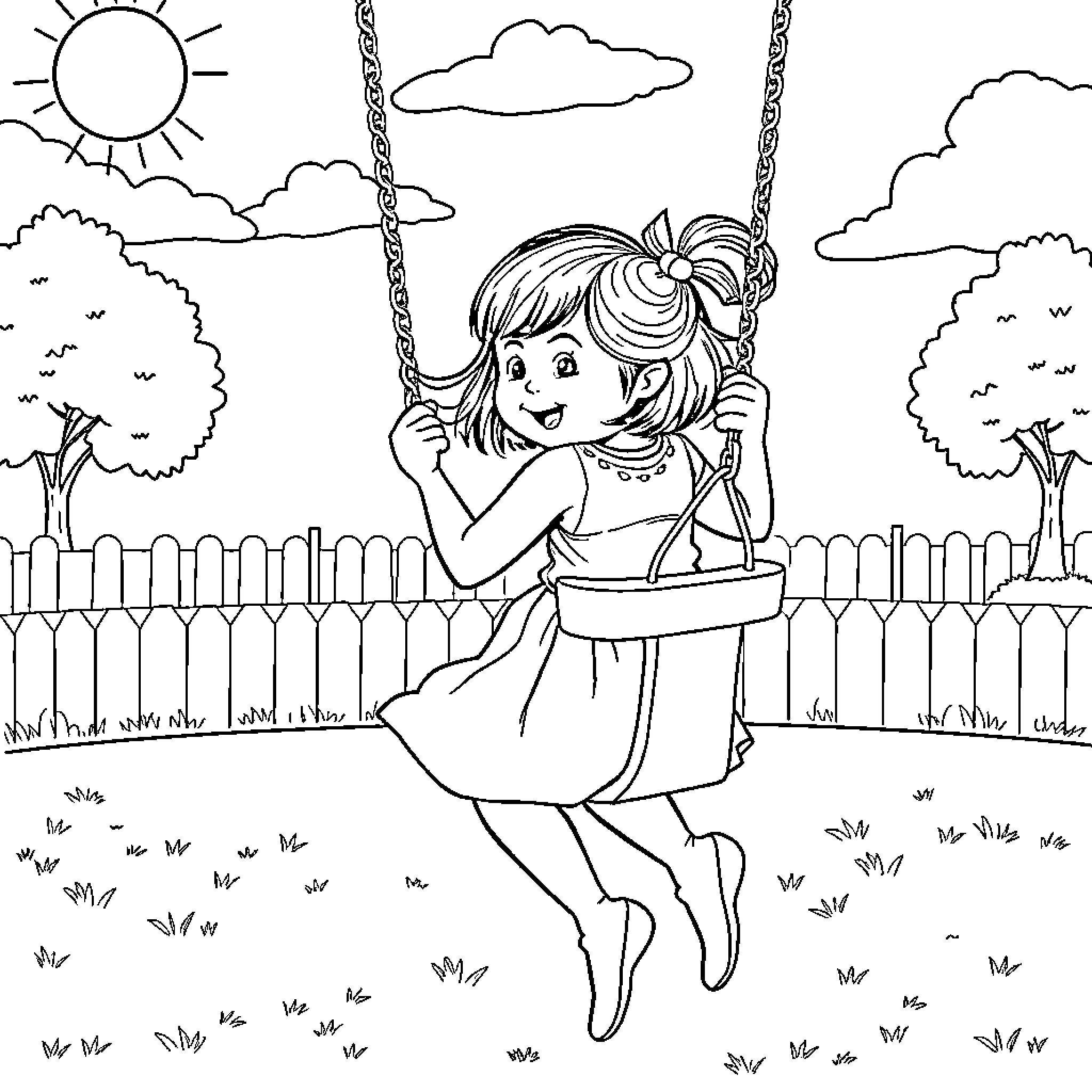 Girl happily swinging on a chain in the park Coloring Page (free black-and-white line drawing printable PDF for all, from beginners to advanced learners, including children, teens, adults, and seniors)