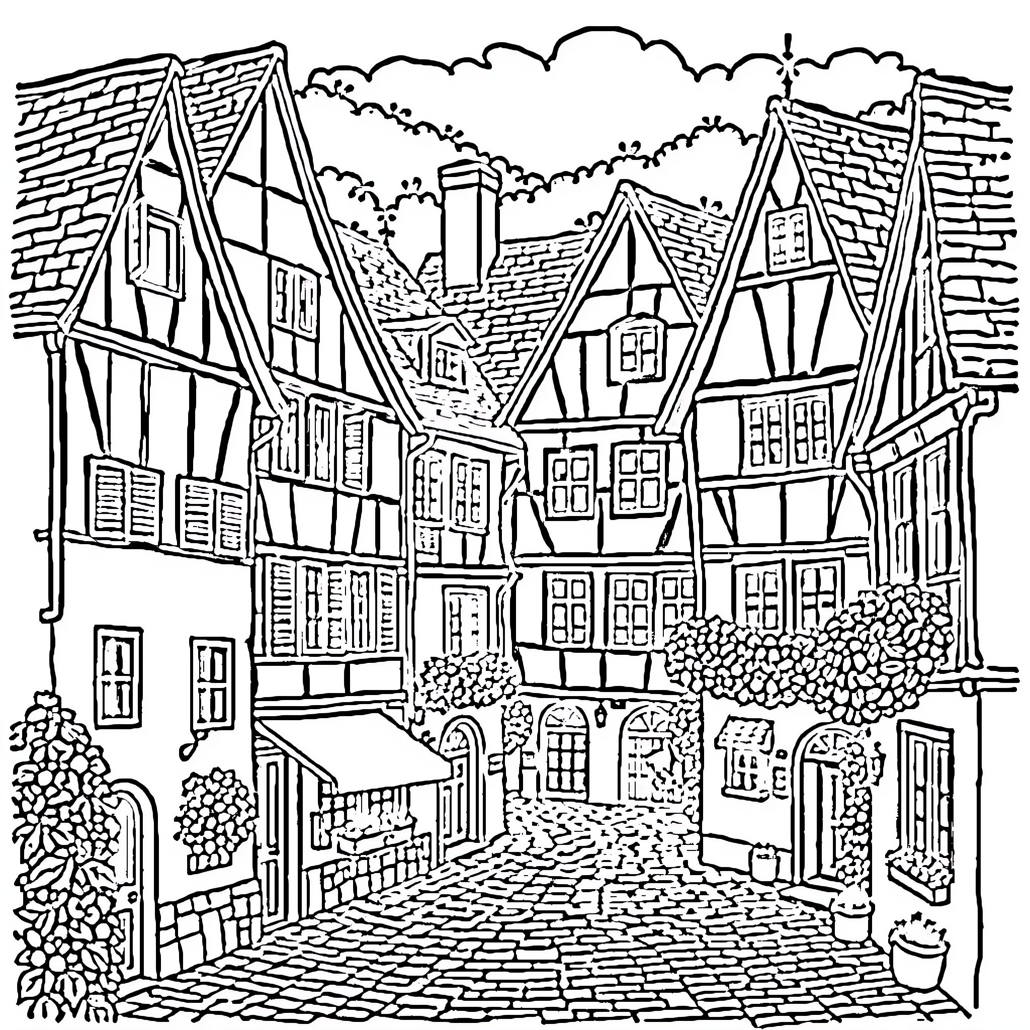 Stitch of a quaint medieval town with half-timbered buildings Coloring Page (free black-and-white line drawing printable PDF for all, from beginners to advanced learners, including children, teens, adults, and seniors)