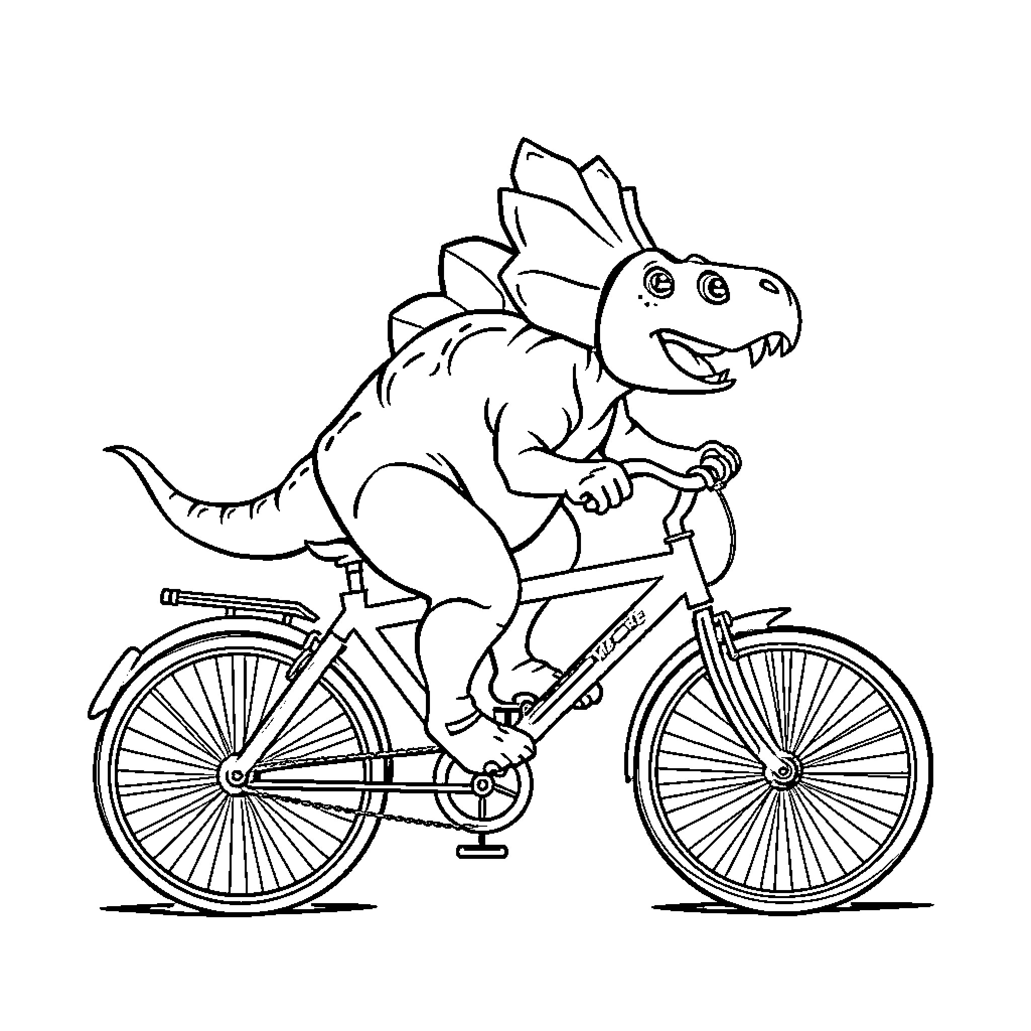 Triceratops riding a bicycle Coloring Page (free black-and-white line drawing printable PDF for all, from beginners to advanced learners, including children, teens, adults, and seniors)