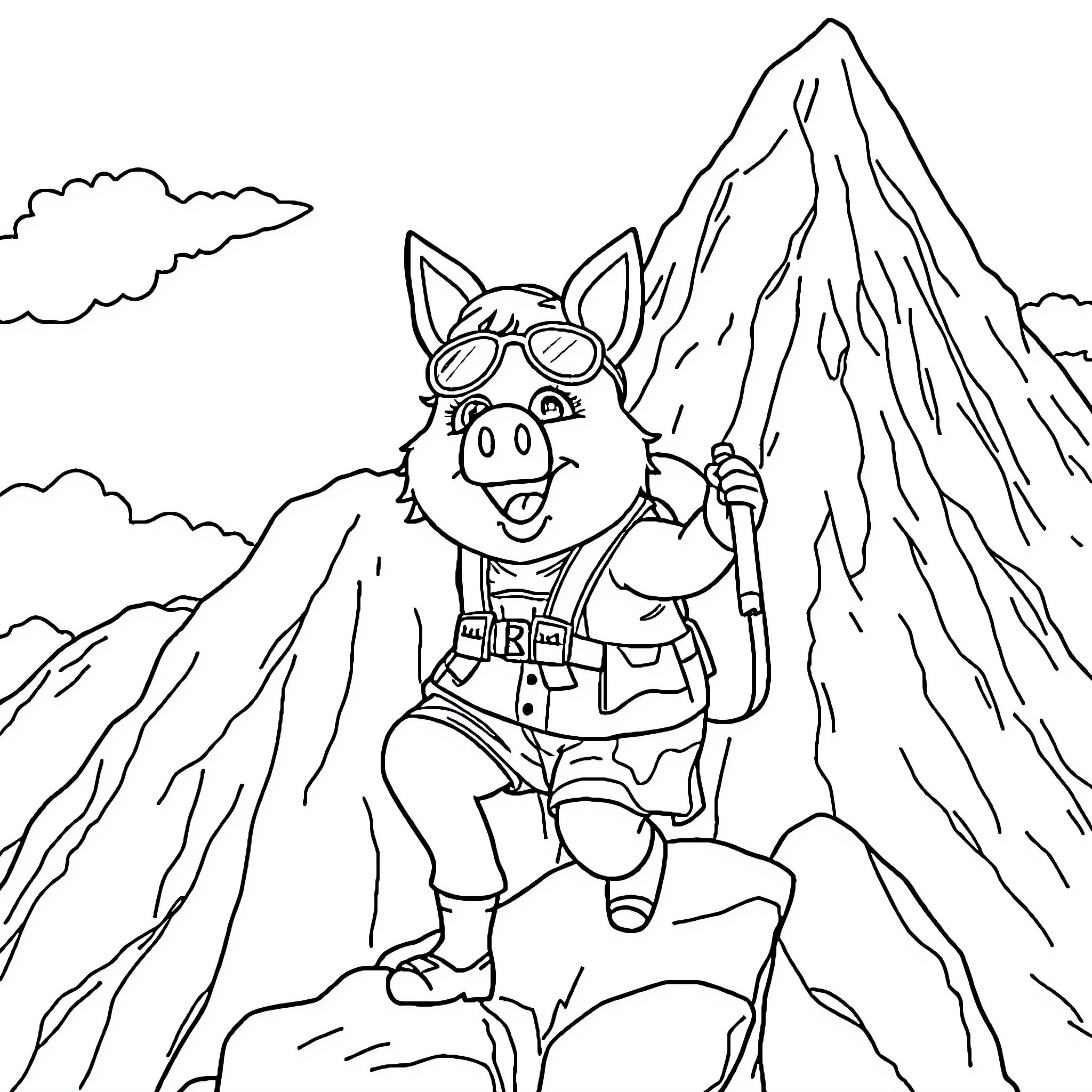 Miss Piggy as a mountaineering explorer Coloring Page (free black-and-white line drawing printable PDF for all, from beginners to advanced learners, including children, teens, adults, and seniors)