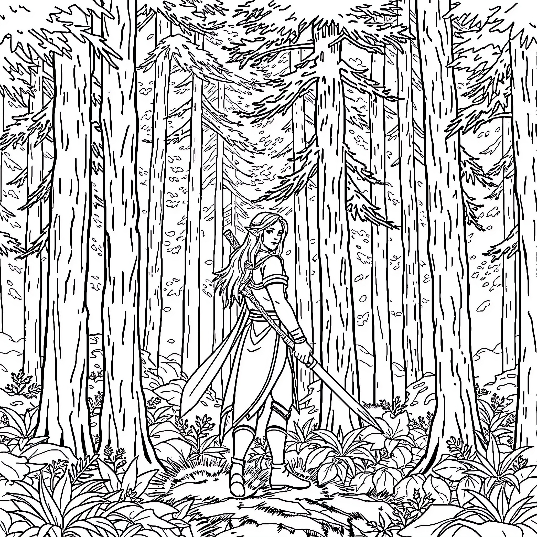 Legolas in the enchanted forest Coloring Page (free black-and-white line drawing printable PDF for all, from beginners to advanced learners, including children, teens, adults, and seniors)