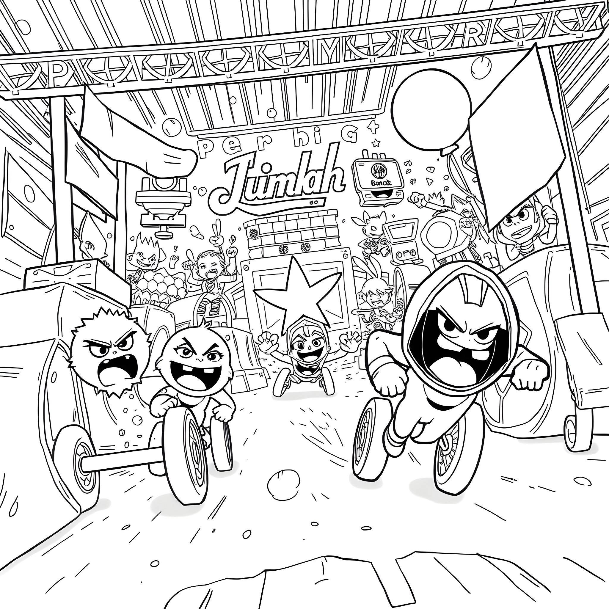 Logo of cartoon characters racing and playing happily Coloring Page (free black-and-white line drawing printable PDF for all, from beginners to advanced learners, including children, teens, adults, and seniors)