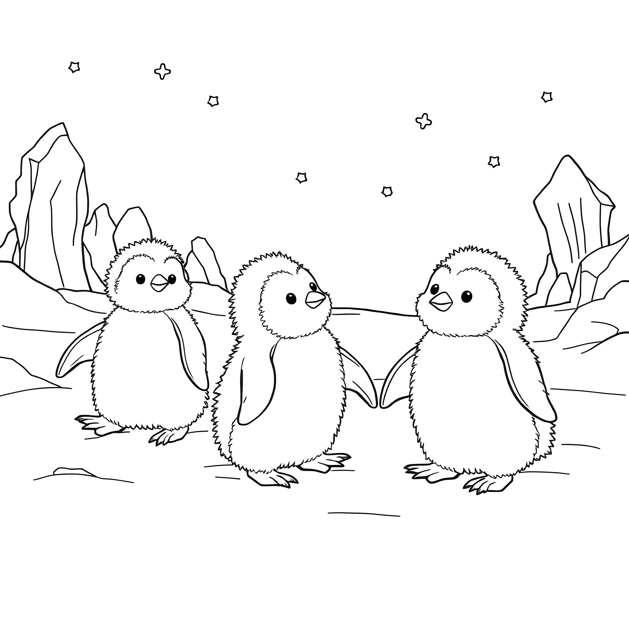 Penguin family enjoying the winter landscape Coloring Page (free black-and-white line drawing printable PDF for all, from beginners to advanced learners, including children, teens, adults, and seniors)