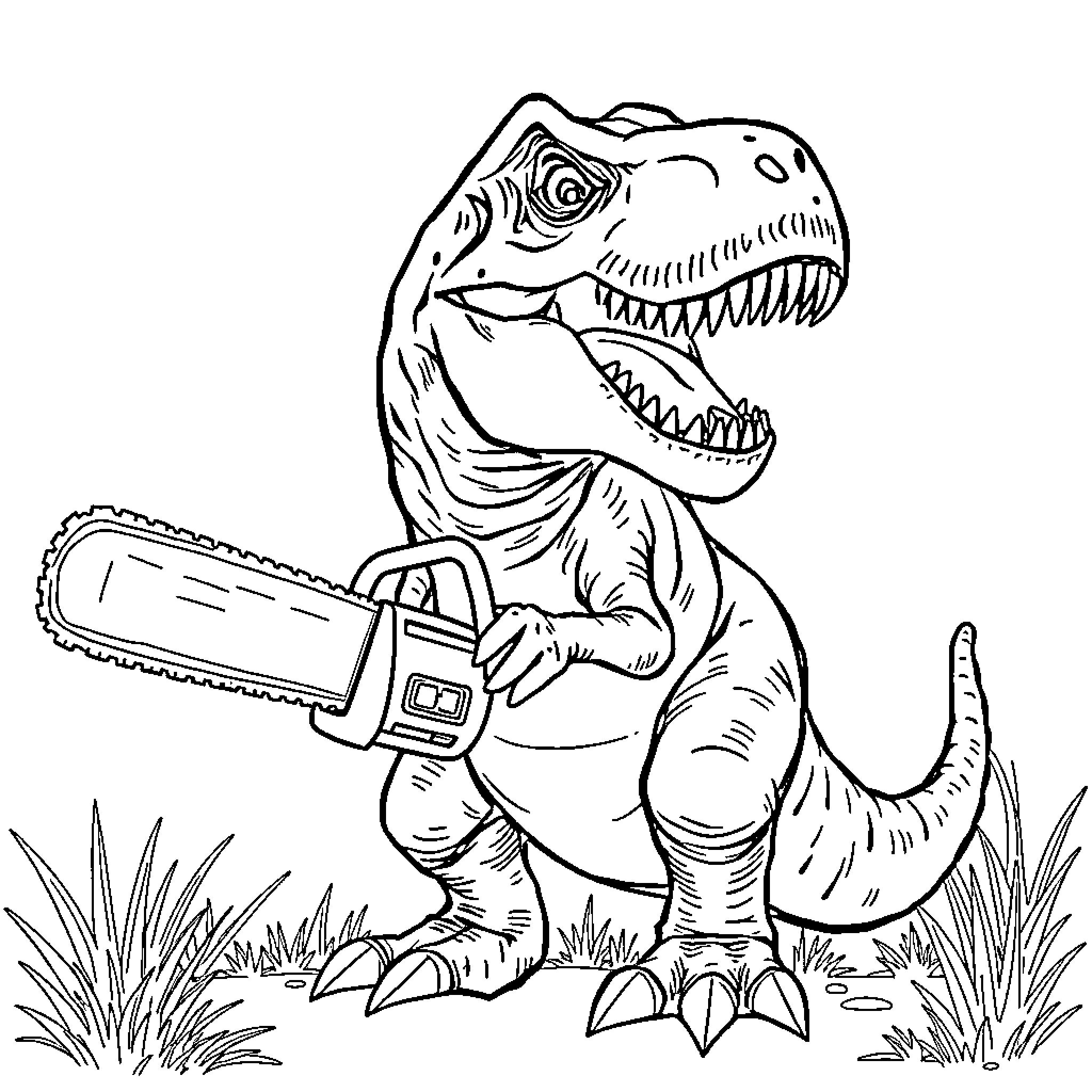T-Rex wielding a chainsaw in the wild Coloring Page (free black-and-white line drawing printable PDF for all, from beginners to advanced learners, including children, teens, adults, and seniors)