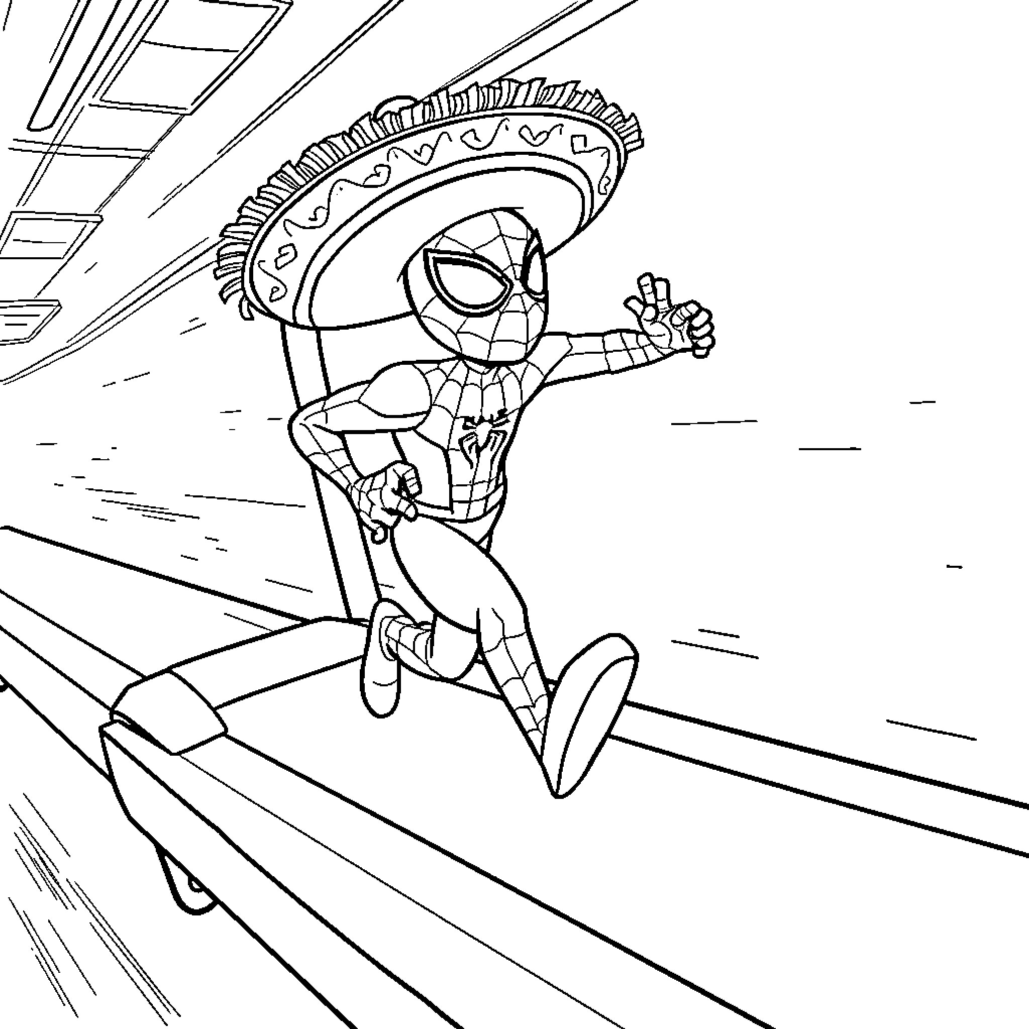 Spiderman swinging through the city in action Coloring Page (free black-and-white line drawing printable PDF for all, from beginners to advanced learners, including children, teens, adults, and seniors)