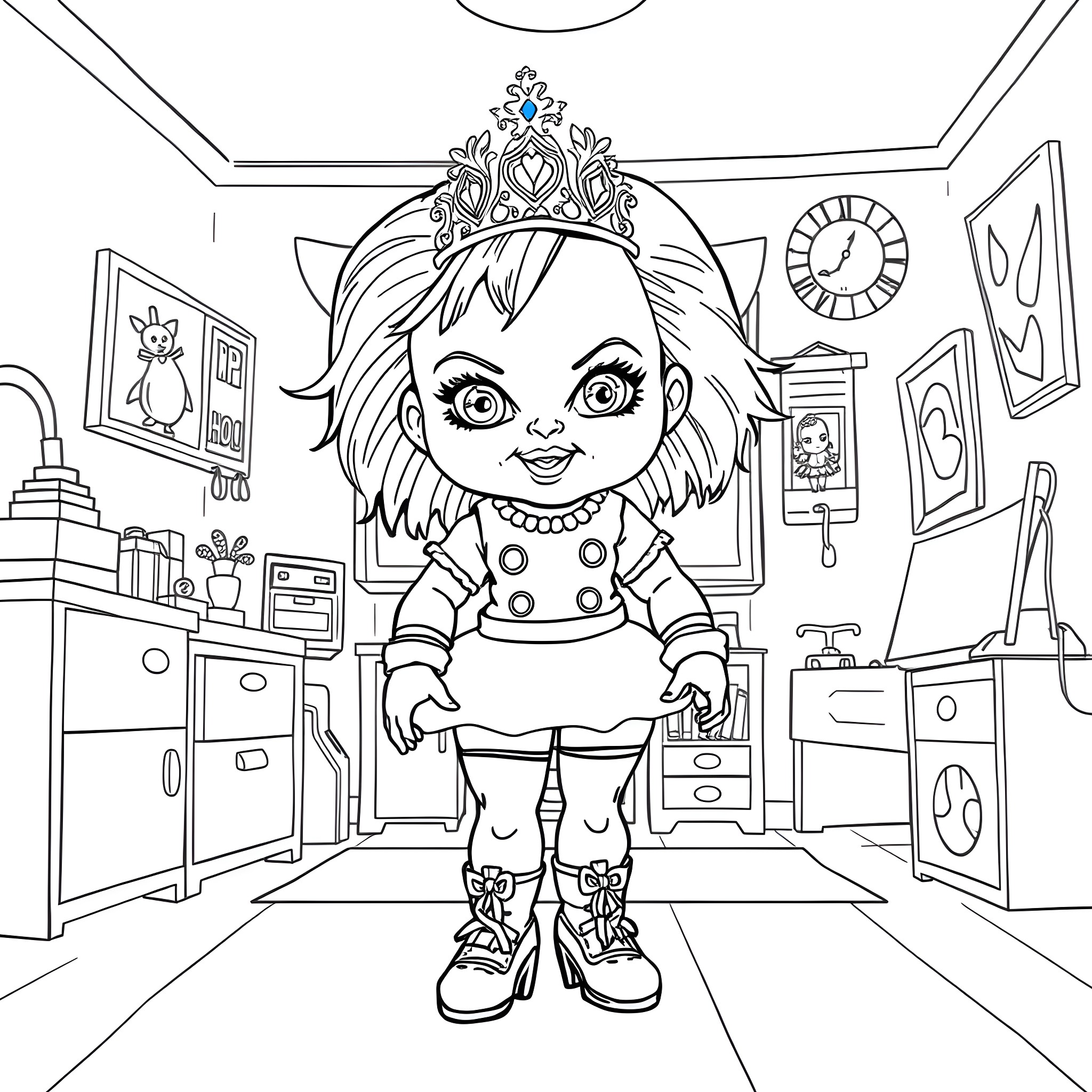 Chucky the Toy Doll in Bedroom Setting Coloring Page (free black-and-white line drawing printable PDF for all, from beginners to advanced learners, including children, teens, adults, and seniors)