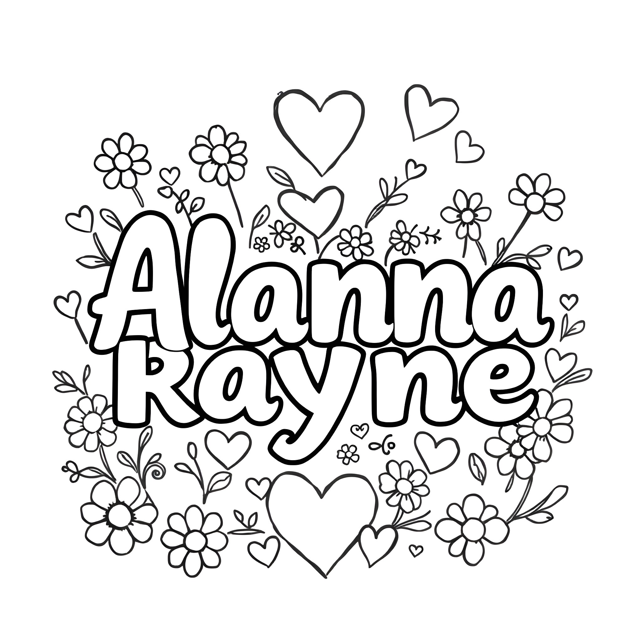 Font of Flowers and Hearts for Alanna Rayne Coloring Page (free black-and-white line drawing printable PDF for all, from beginners to advanced learners, including children, teens, adults, and seniors)