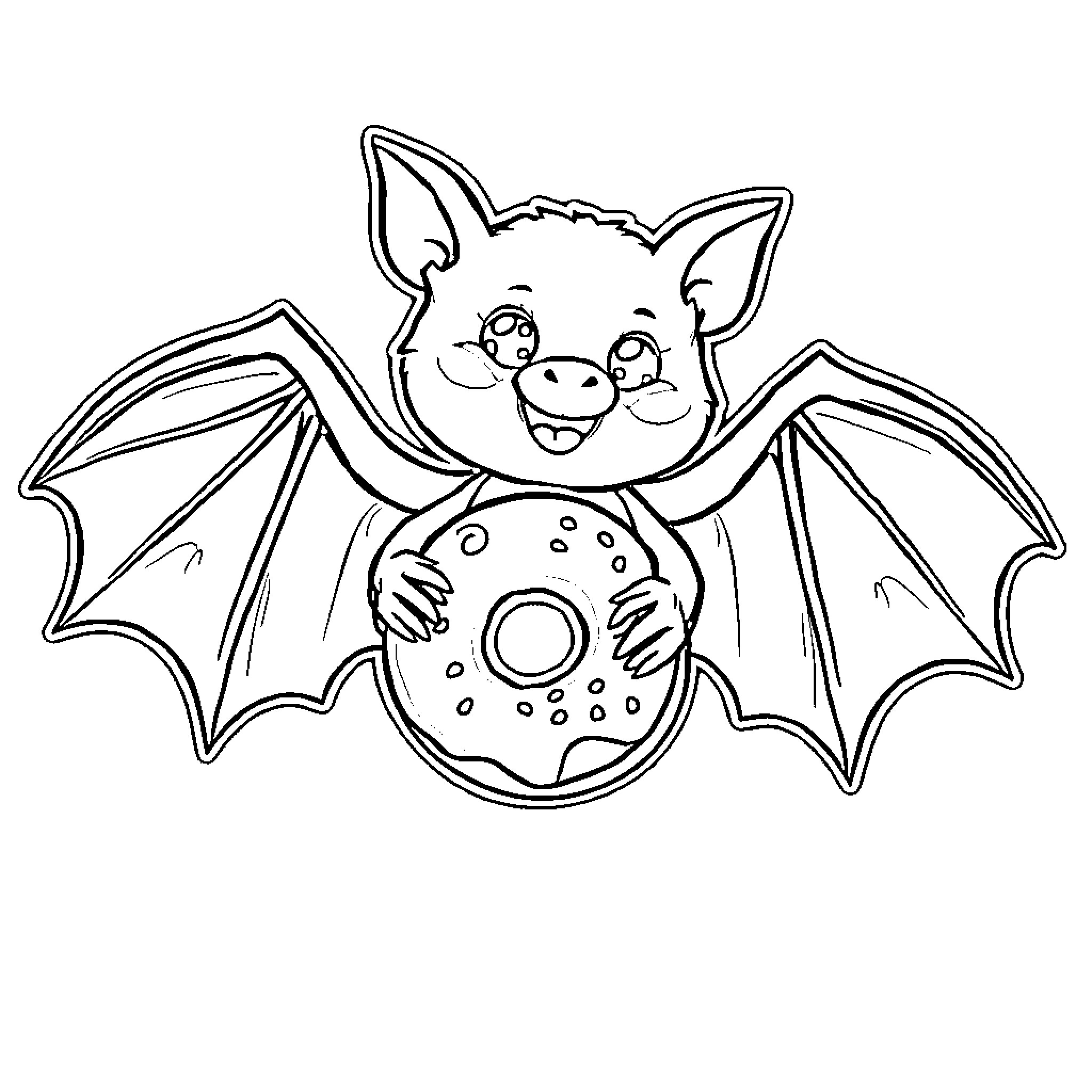 Donut-loving bat with fun expression Coloring Page (free black-and-white line drawing printable PDF for all, from beginners to advanced learners, including children, teens, adults, and seniors)