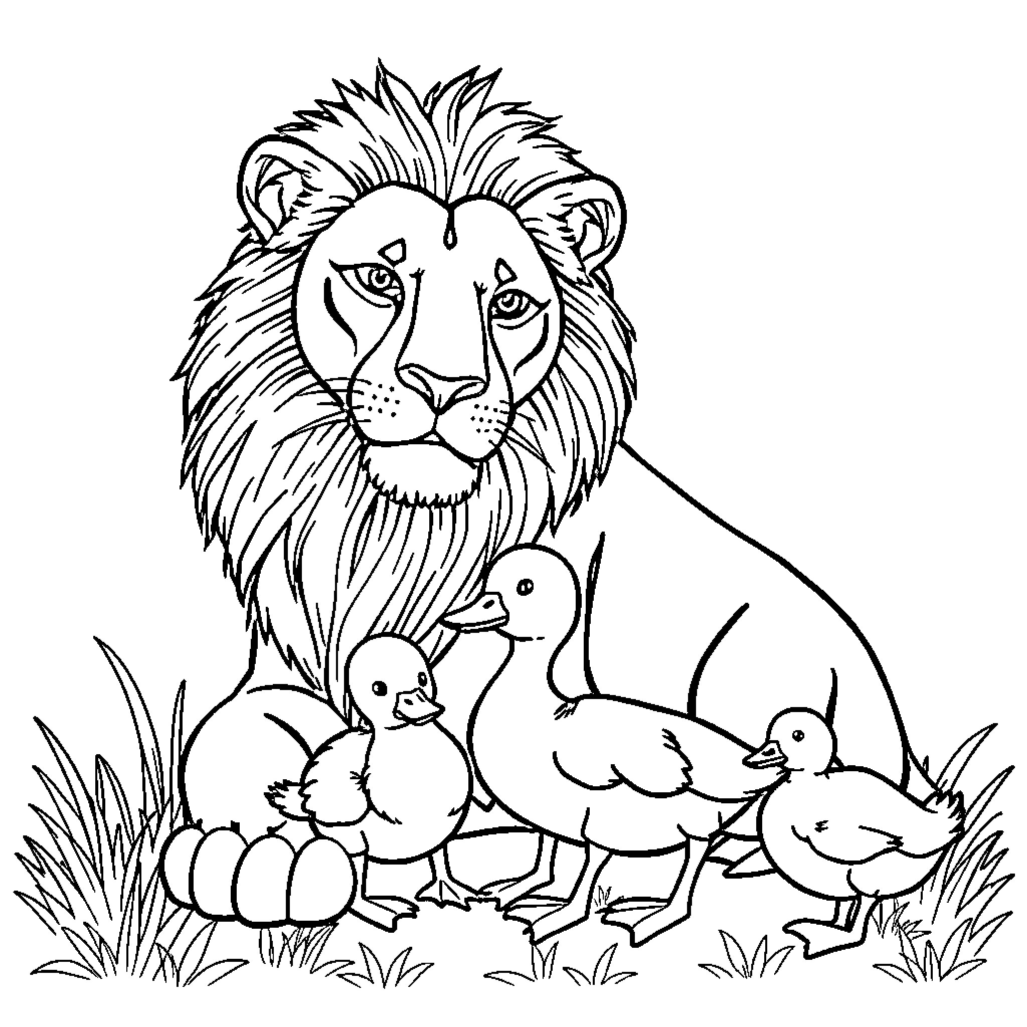 Animal Lion with Ducklings in the Grass Coloring Page (free black-and-white line drawing printable PDF for all, from beginners to advanced learners, including children, teens, adults, and seniors)
