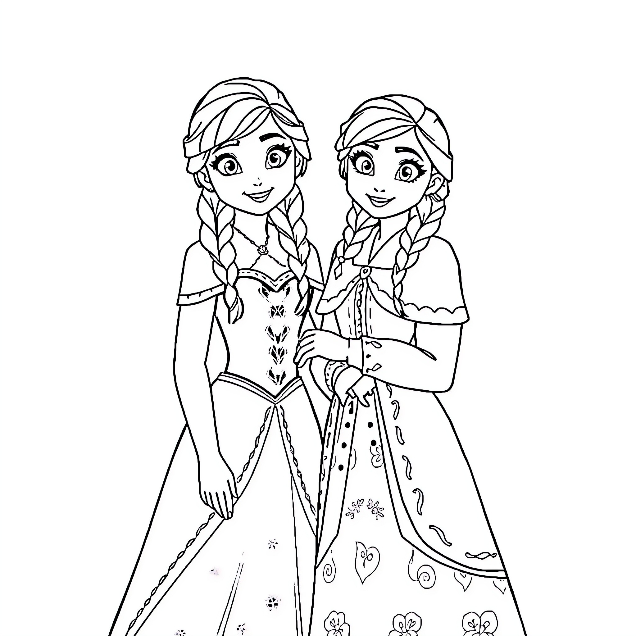 Elsa and Anna in Formal Attire Coloring Page (free black-and-white line drawing printable PDF for all, from beginners to advanced learners, including children, teens, adults, and seniors)
