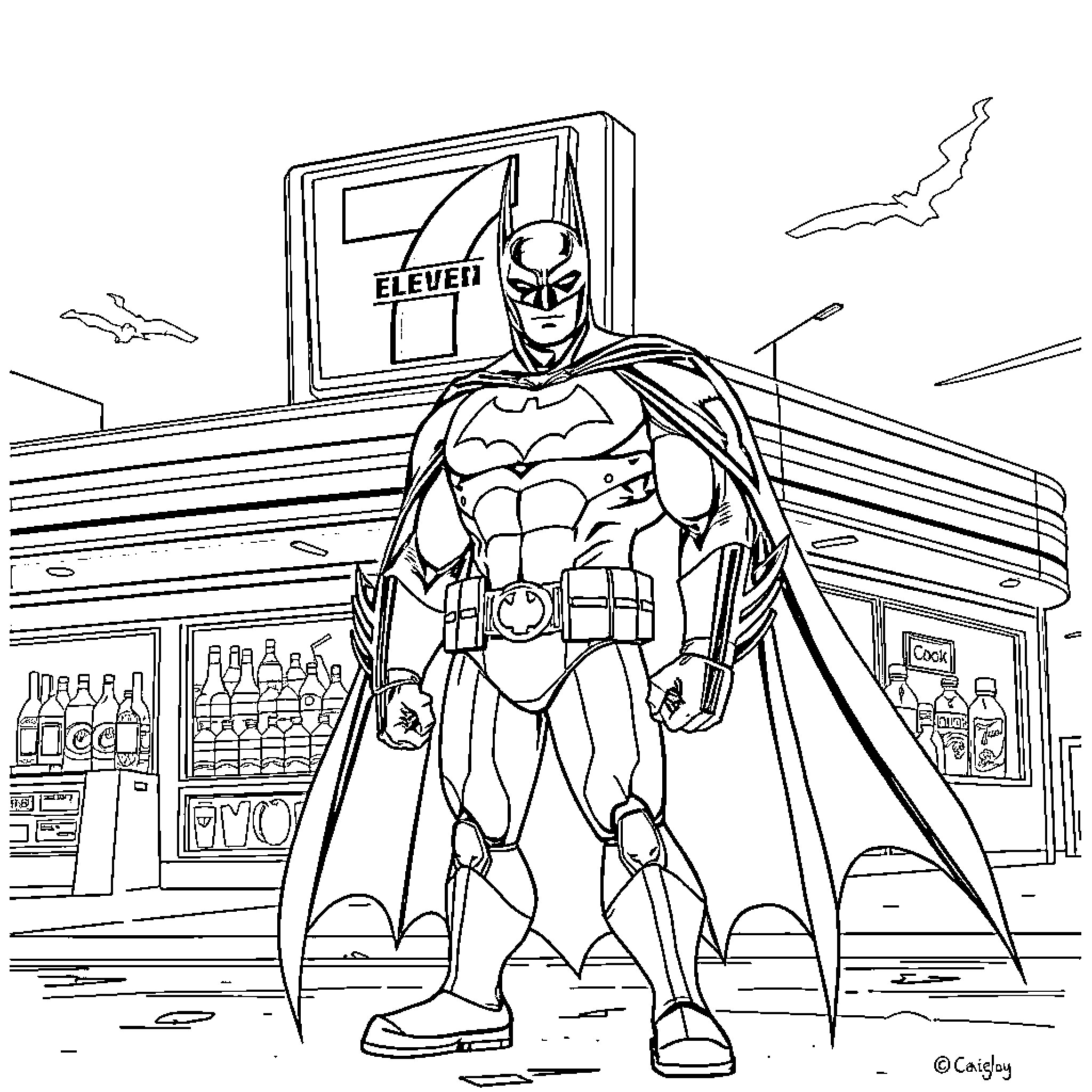 Batman standing heroically in front of convenience store Coloring Page (free black-and-white line drawing printable PDF for all, from beginners to advanced learners, including children, teens, adults, and seniors)