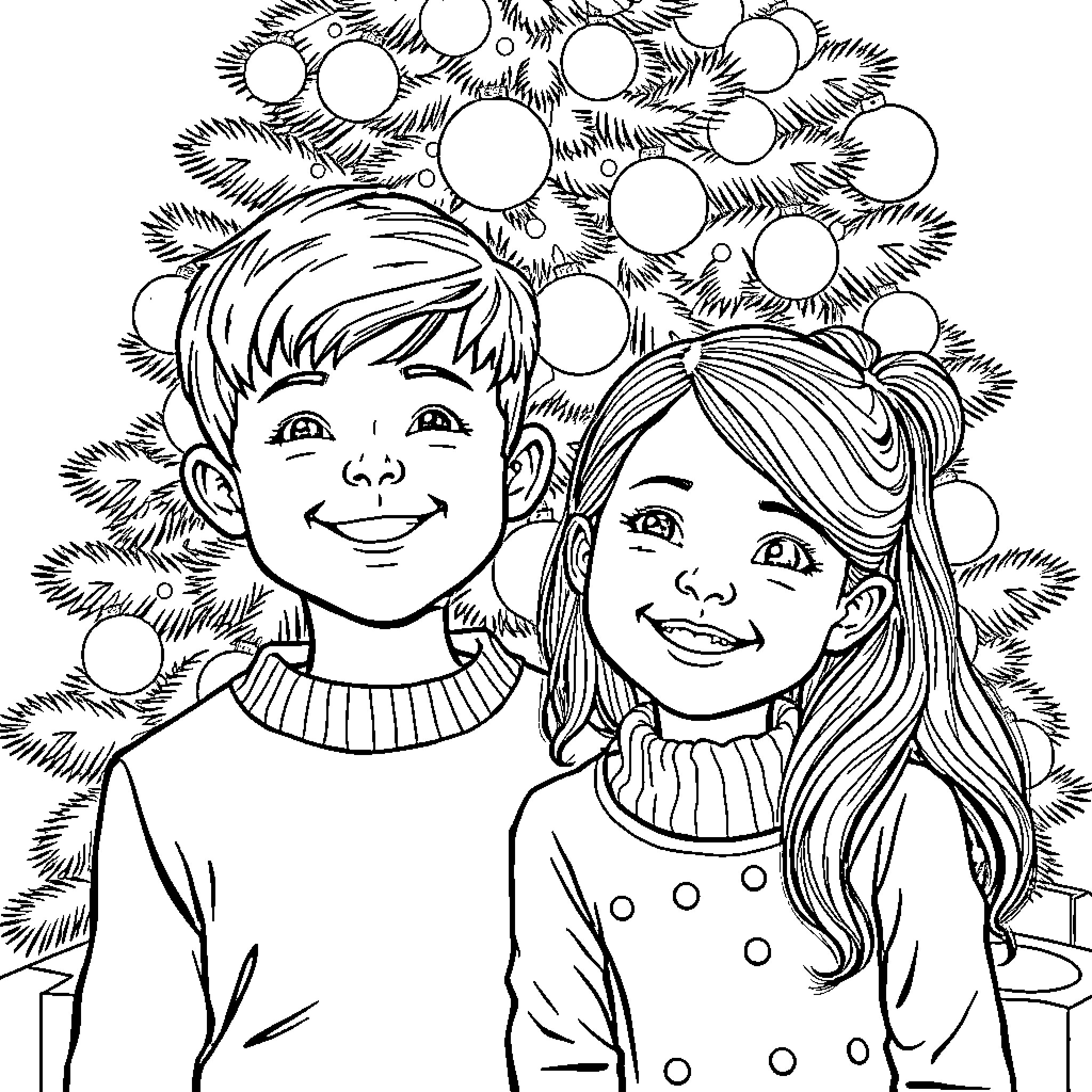 Child's Holiday Celebration with Friend Coloring Page (free black-and-white line drawing printable PDF for all, from beginners to advanced learners, including children, teens, adults, and seniors)