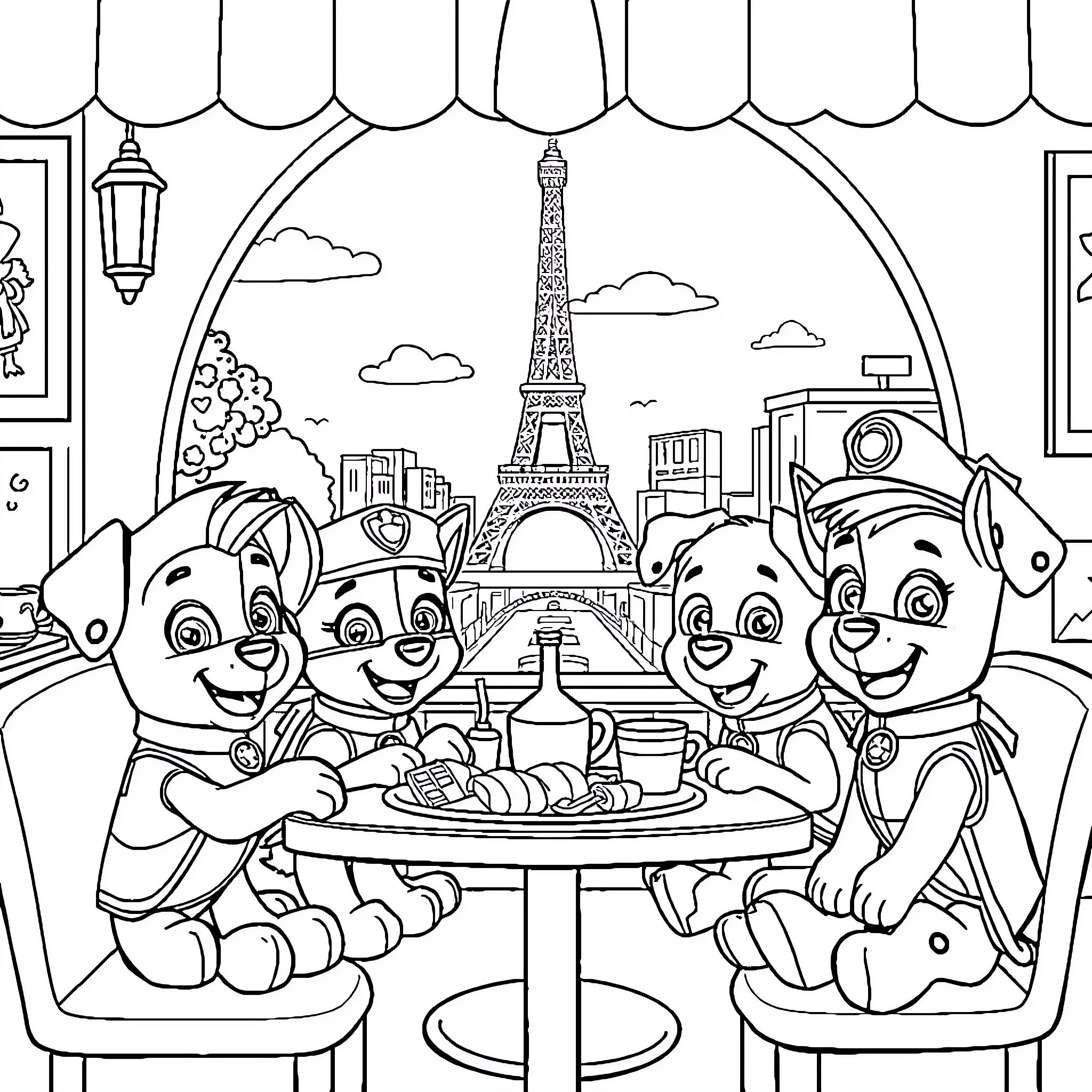 Paw Patrol Enjoying a Parisian Picnic Coloring Page (free black-and-white line drawing printable PDF for all, from beginners to advanced learners, including children, teens, adults, and seniors)