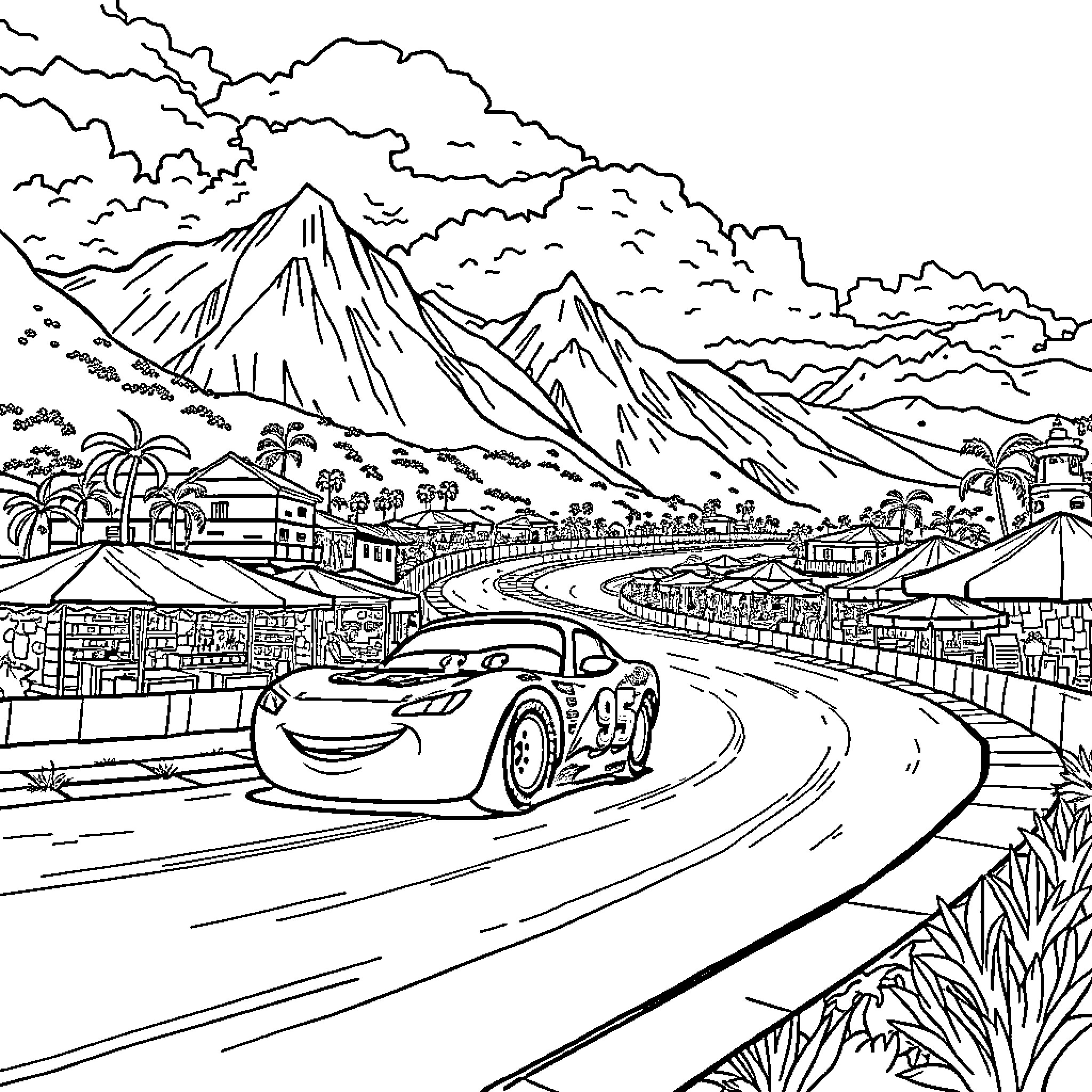 Lightning McQueen racing through a scenic mountain town Coloring Page (free black-and-white line drawing printable PDF for all, from beginners to advanced learners, including children, teens, adults, and seniors)