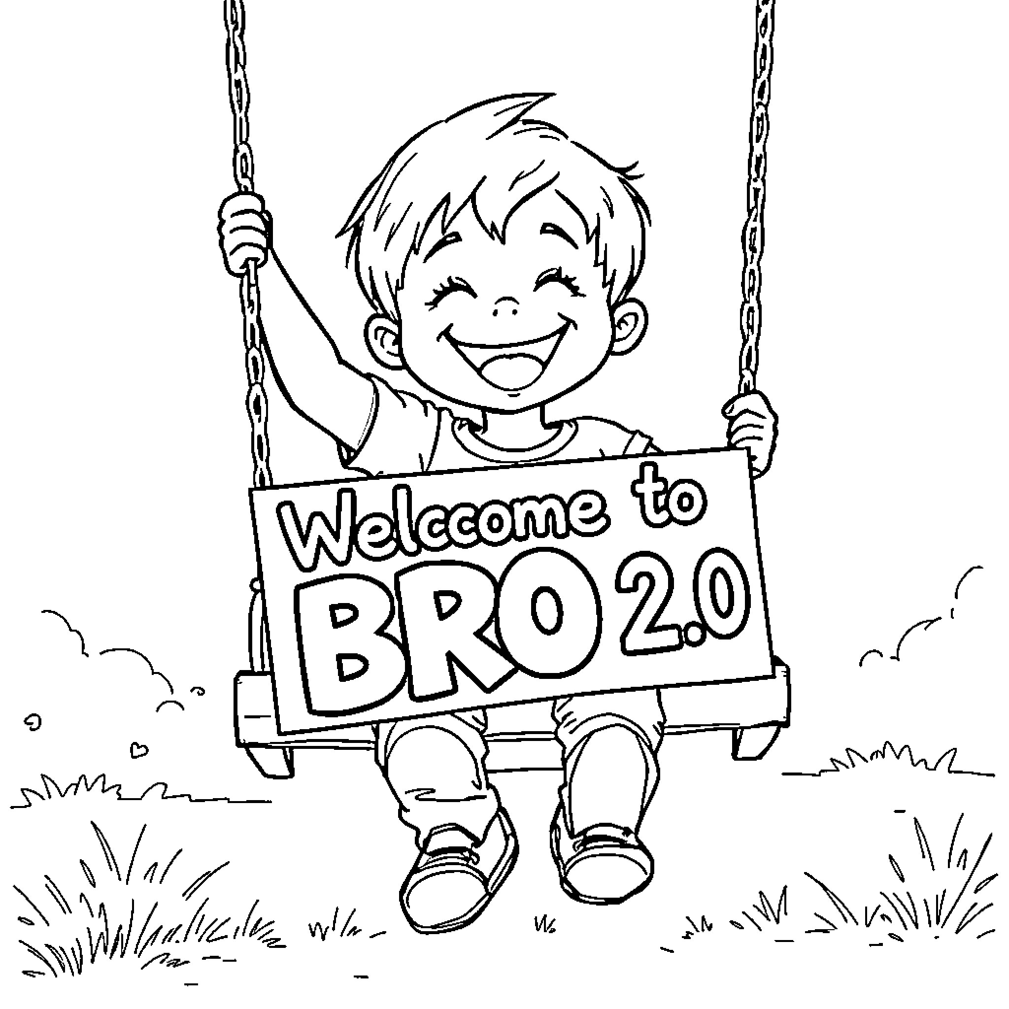 Kid joyfully swinging and welcoming Bro 2.0 Coloring Page (free black-and-white line drawing printable PDF for all, from beginners to advanced learners, including children, teens, adults, and seniors)