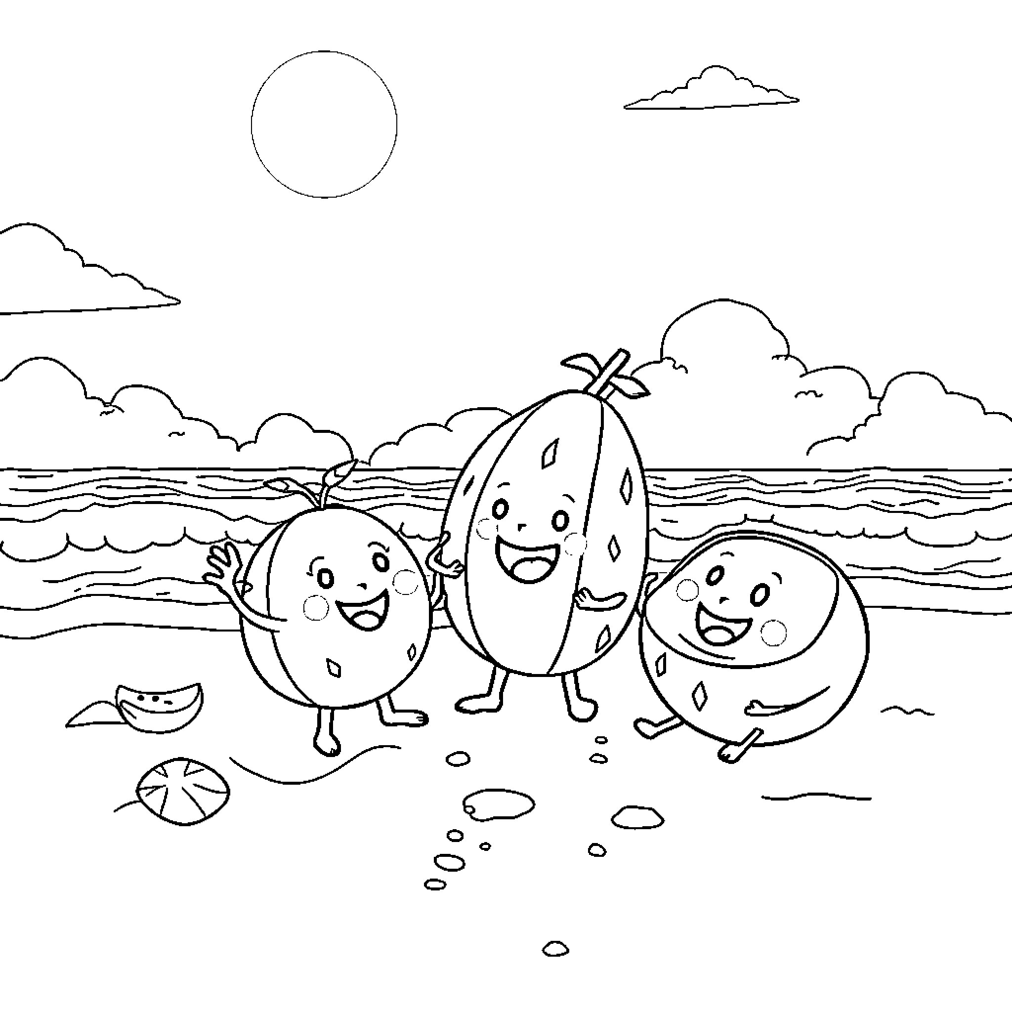 Cocomelon characters playing at the beach Coloring Page (free black-and-white line drawing printable PDF for all, from beginners to advanced learners, including children, teens, adults, and seniors)