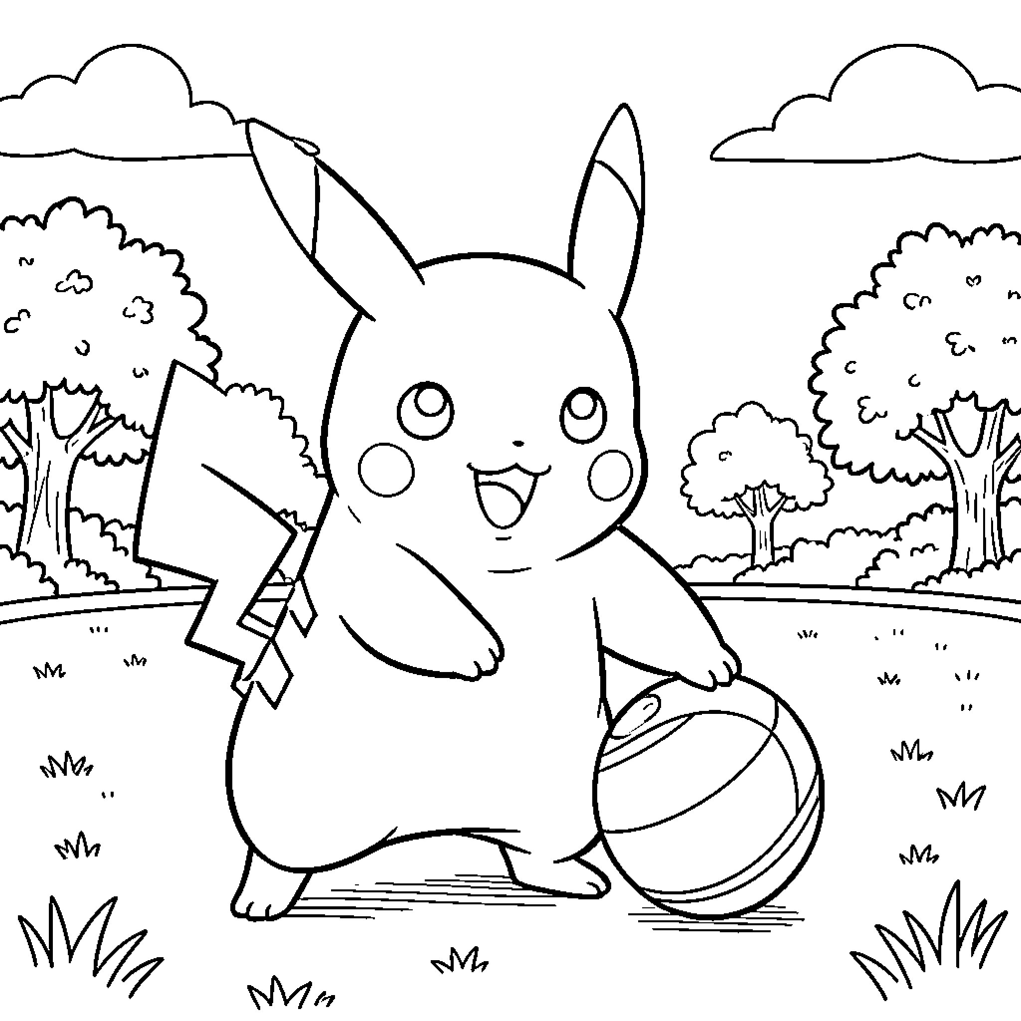 Pikachu playing joyfully with a ball in a park Coloring Page (free black-and-white line drawing printable PDF for all, from beginners to advanced learners, including children, teens, adults, and seniors)