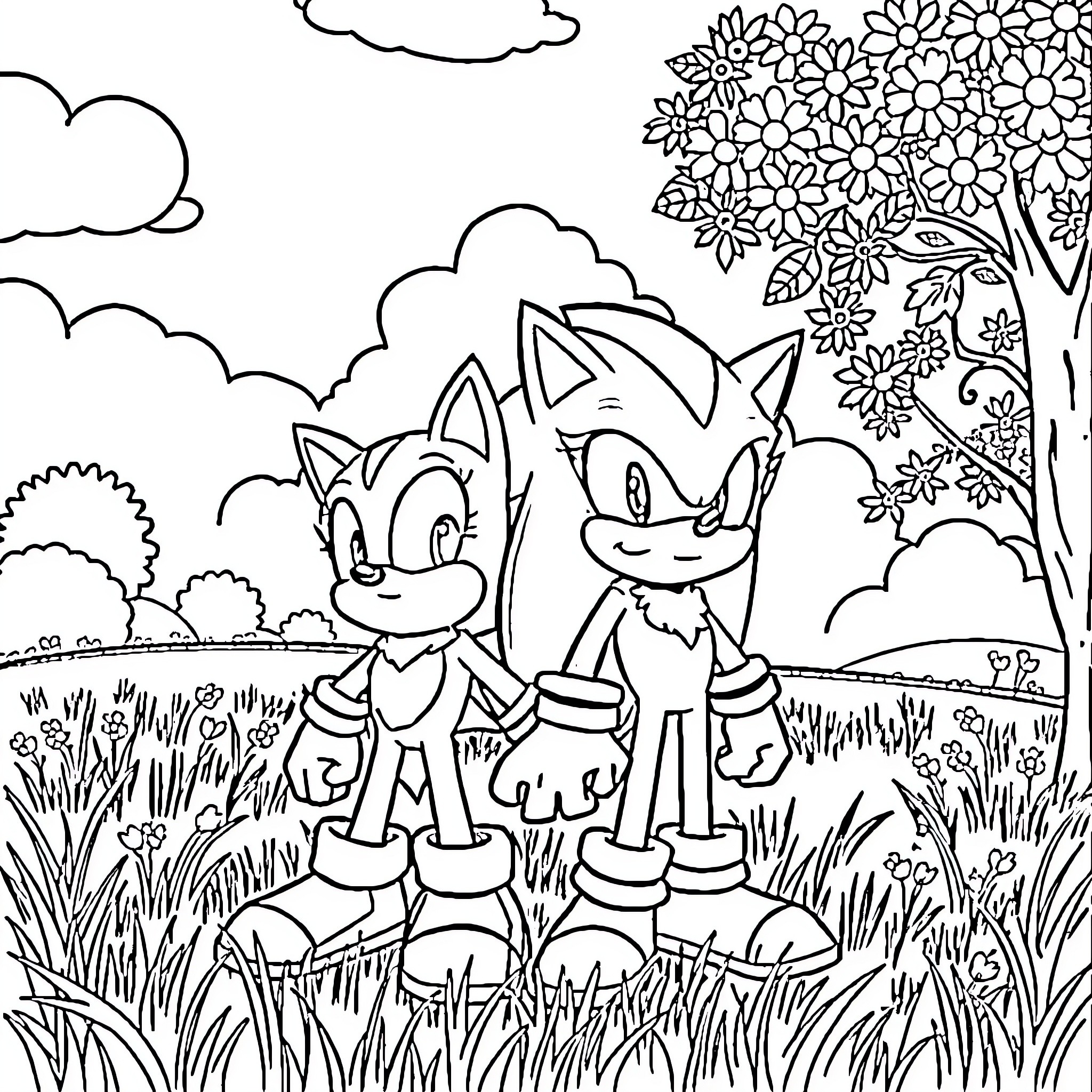 Shadow Play in the Enchanted Meadow Coloring Page (free black-and-white line drawing printable PDF for all, from beginners to advanced learners, including children, teens, adults, and seniors)