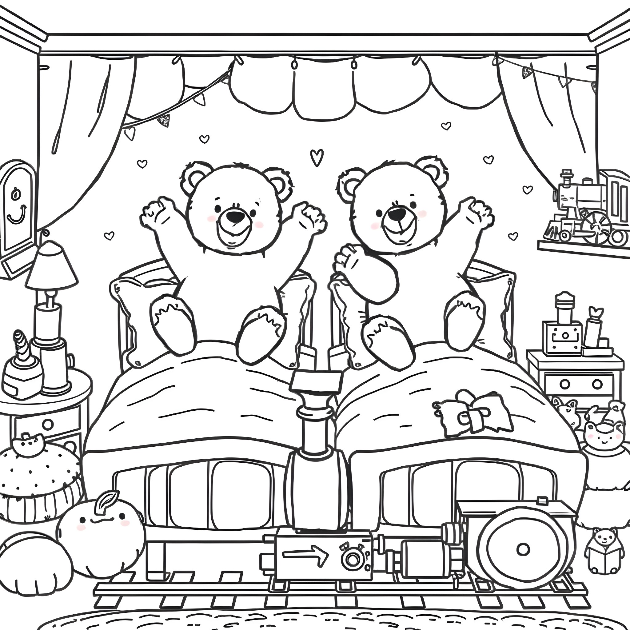Bear Toys Cuddling and Playing on Train Bed Coloring Page (free black-and-white line drawing printable PDF for all, from beginners to advanced learners, including children, teens, adults, and seniors)