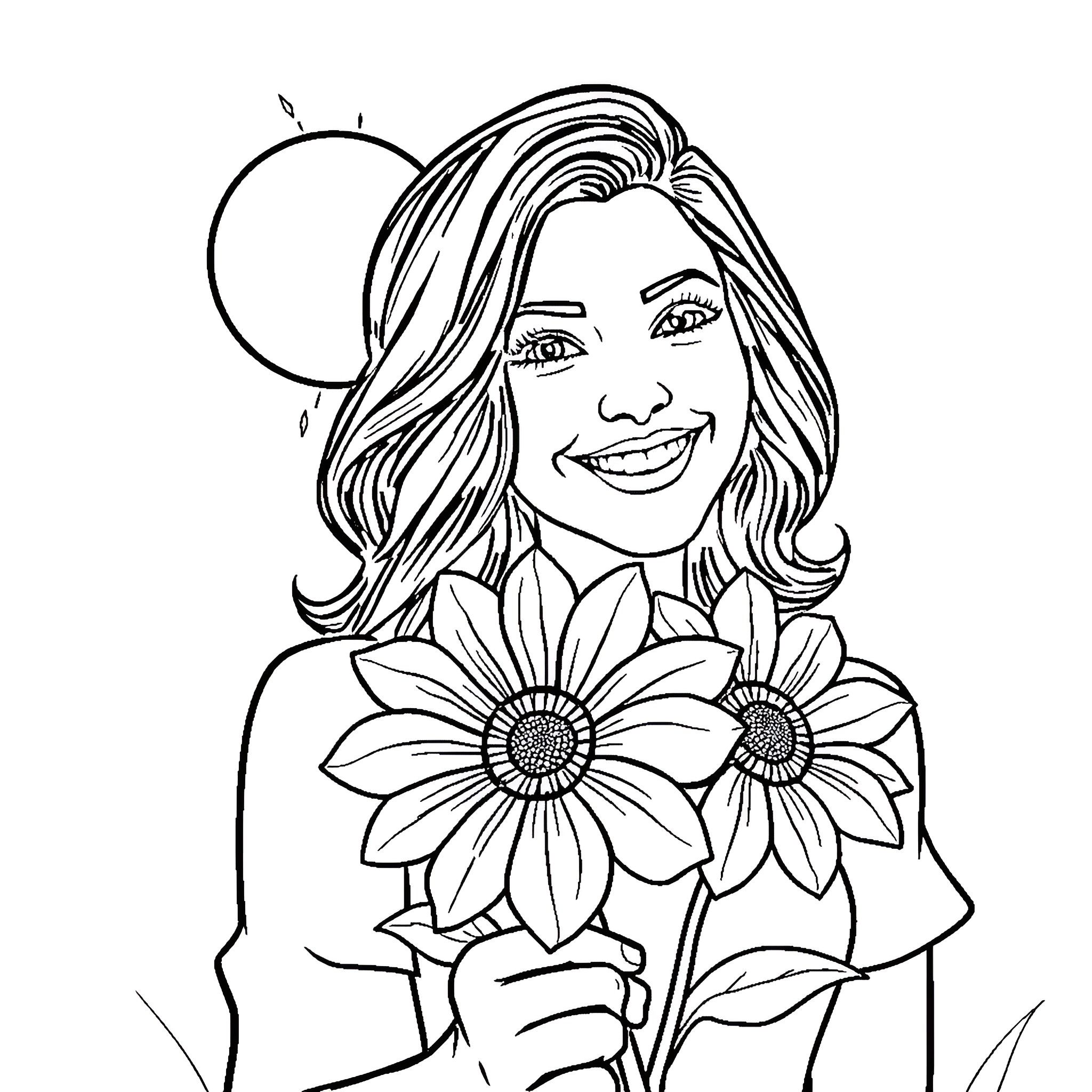 Jenny Karezi's Joyful Floral Embrace Coloring Page (free black-and-white line drawing printable PDF for all, from beginners to advanced learners, including children, teens, adults, and seniors)