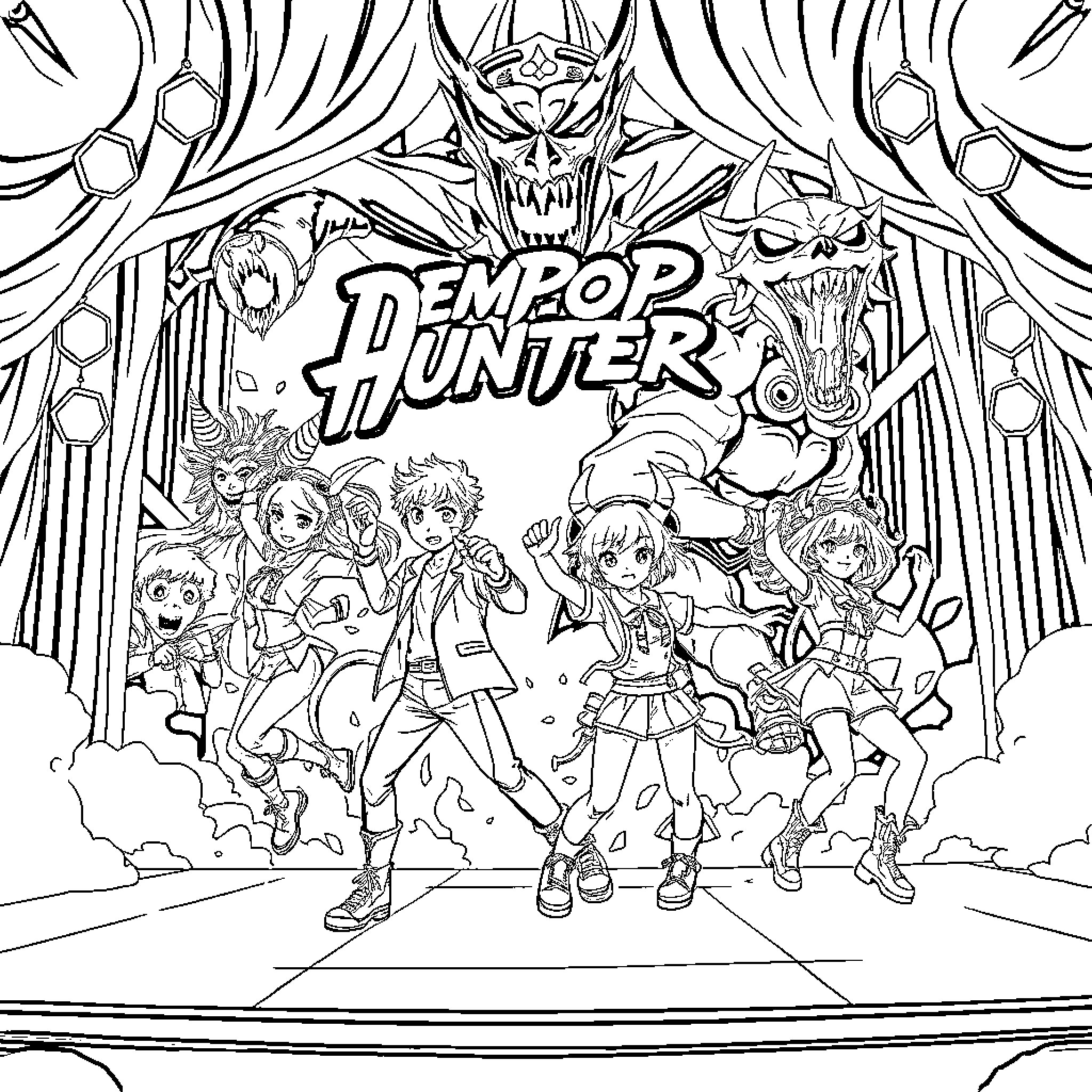 Kpop Demon Hunter: Battle-ready Heroes Vanquishing Otherworldly Foes Coloring Page (free black-and-white line drawing printable PDF for all, from beginners to advanced learners, including children, teens, adults, and seniors)