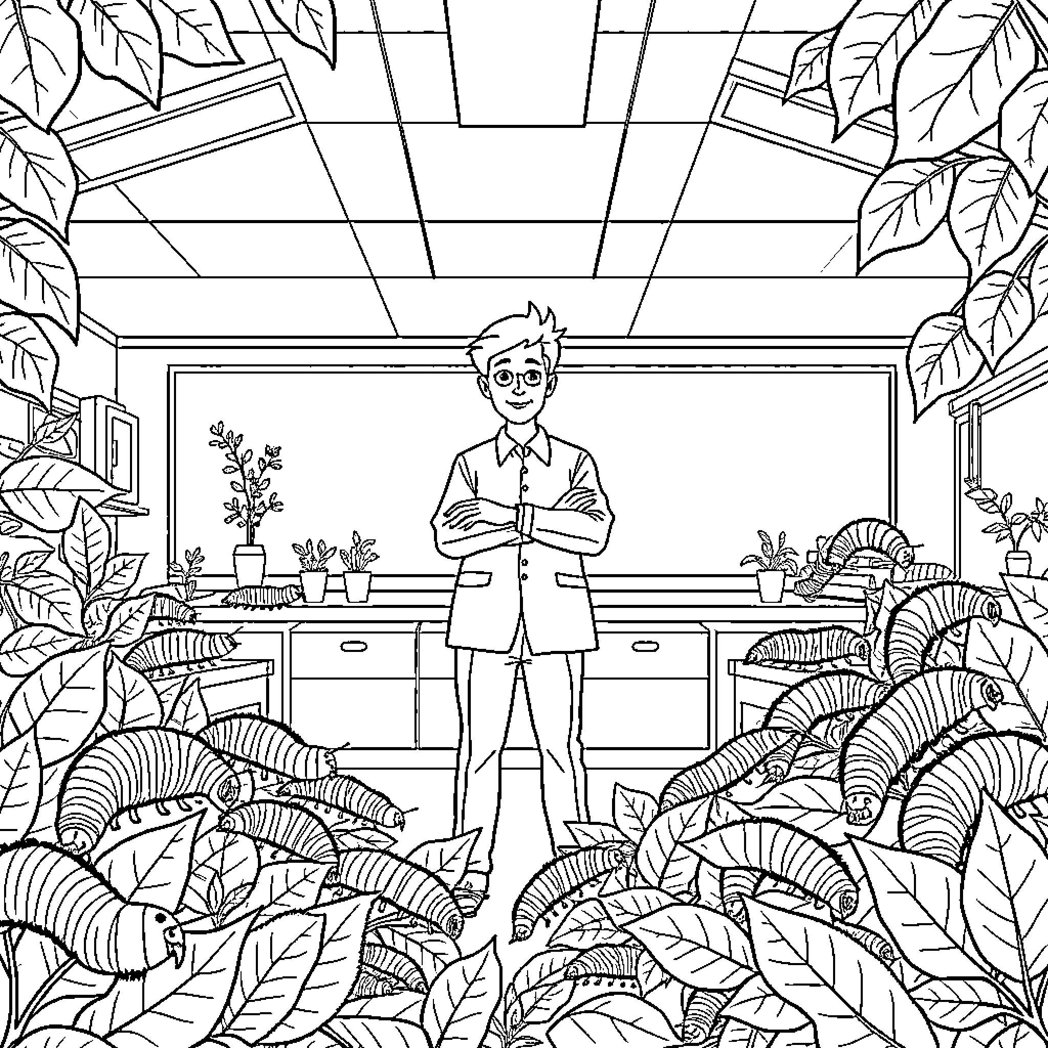 Teacher in Lush Classroom Surrounded by Nature Coloring Page (free black-and-white line drawing printable PDF for all, from beginners to advanced learners, including children, teens, adults, and seniors)